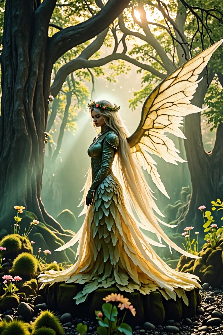 In a misty veil, an enigmatic being materializes, enveloped in a wispy aura that undulates like the petals of lotus flowers. Diaphanous wings, delicate and lacy, unfurl from their shoulders as they wear a coronet of dainty blooms, their form shrouded by ethereal mists that shimmer and dance in the soft, golden light. Amidst this dreamlike atmosphere, towering trees with gnarled branches and lush greenery stretch towards the misty horizon, while delicate wildflowers sprout from the fog, adding an air of mystique to the otherworldly scene.