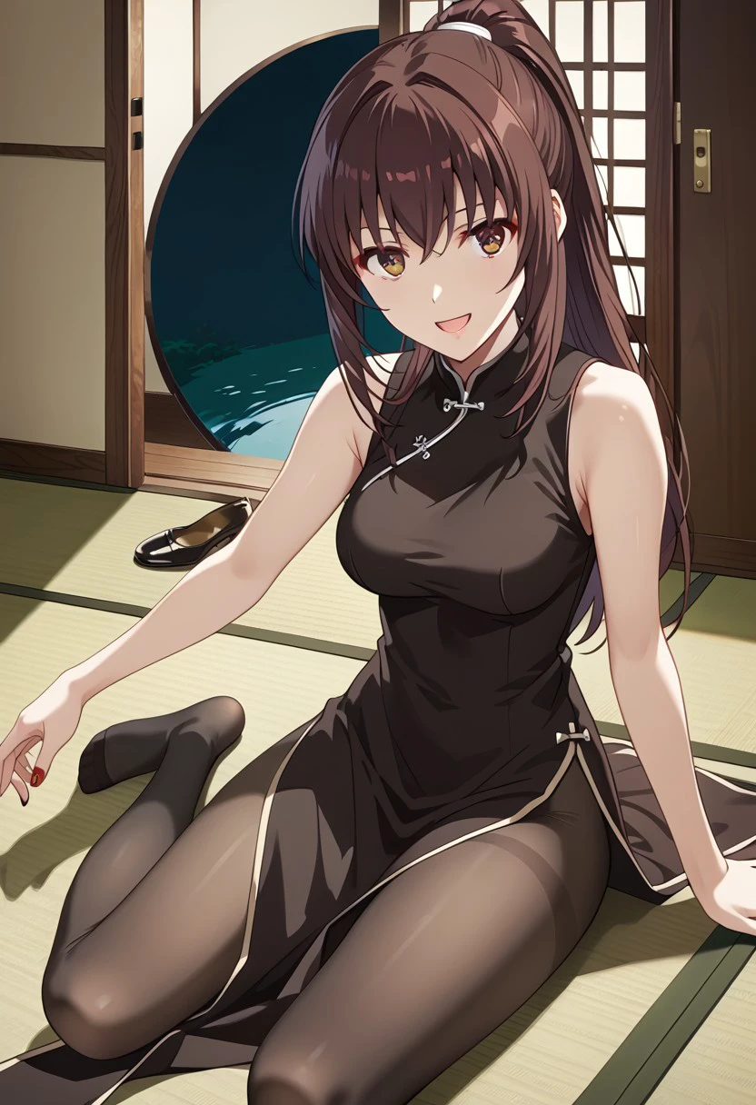 score_9,score_8_up,score_7_up,source_anime,Akane Kosaka,1girl,solo,breasts,looking at viewer,smile,open mouth,dress,bare shoulders,sitting,brown eyes,ponytail,pantyhose,sleeveless,nail polish,black dress,black pantyhose,chinese clothes,no shoes,china dress,tatami,mahjong,mahjong tile,