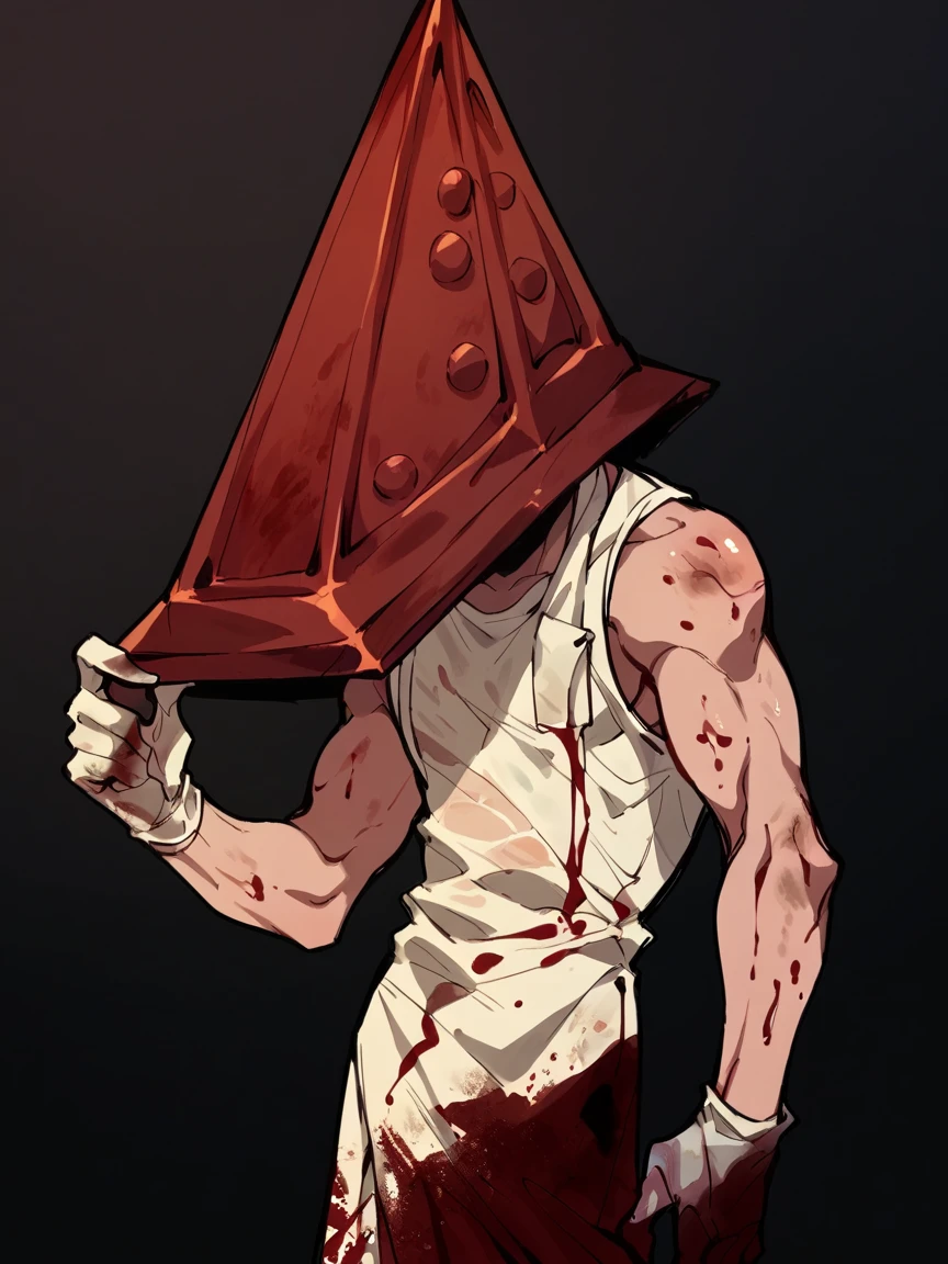 score_9, score_8_up, score_7_up, score_6_up, score_5_up,   <lora:pyramidheadXLP:1> pyramid head, male focus, solo, rusty silver helmet, blood on clothes, dirty, dark background