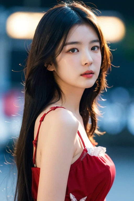 masterpiece, best quality, ultra-detailed, ultra high res, (photorealistic:1.4), raw photo, (realistic:0.2), 8k HDR, realistic lighting, 1girl, solo, (asian:0.2), asymmetrical hair, outdoor, night, (simple background:1.4), bokeh, (detailed lips), (detailed pores), (detailed skin textures), (detailed face:1.2), (upper body:1.2), a woman in a sundress, promotional image, a character portrait,