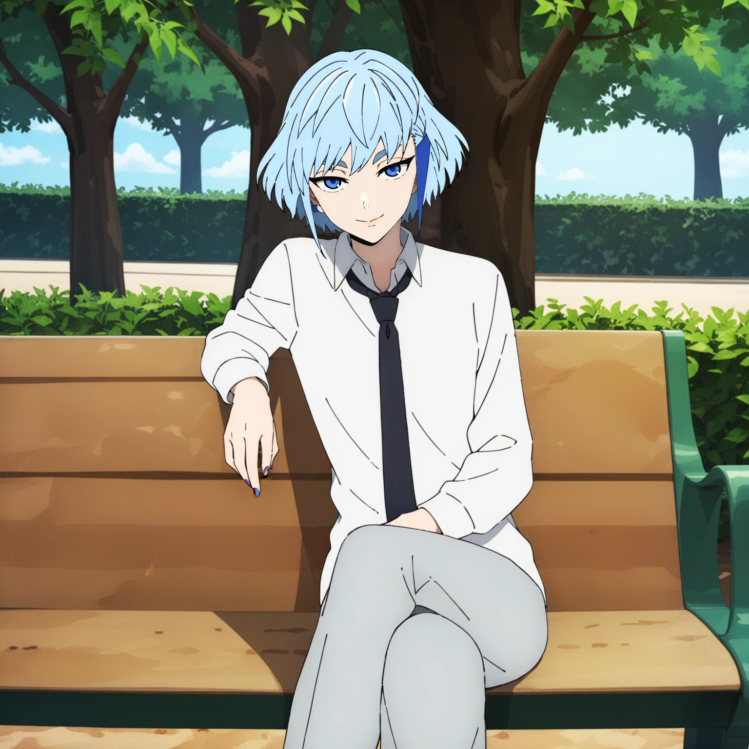 <lora:Khun_Aguero_Agnis_S1-DoRA_V1:0.85>
very aesthetic, newest, best quality, masterpiece, absurdres, agk, seductive smile, white shirt, black necktie, grey pants, hair ribbon, cowboy shot, looking at viewer, sitting on bench, crossed legs, park bench, park