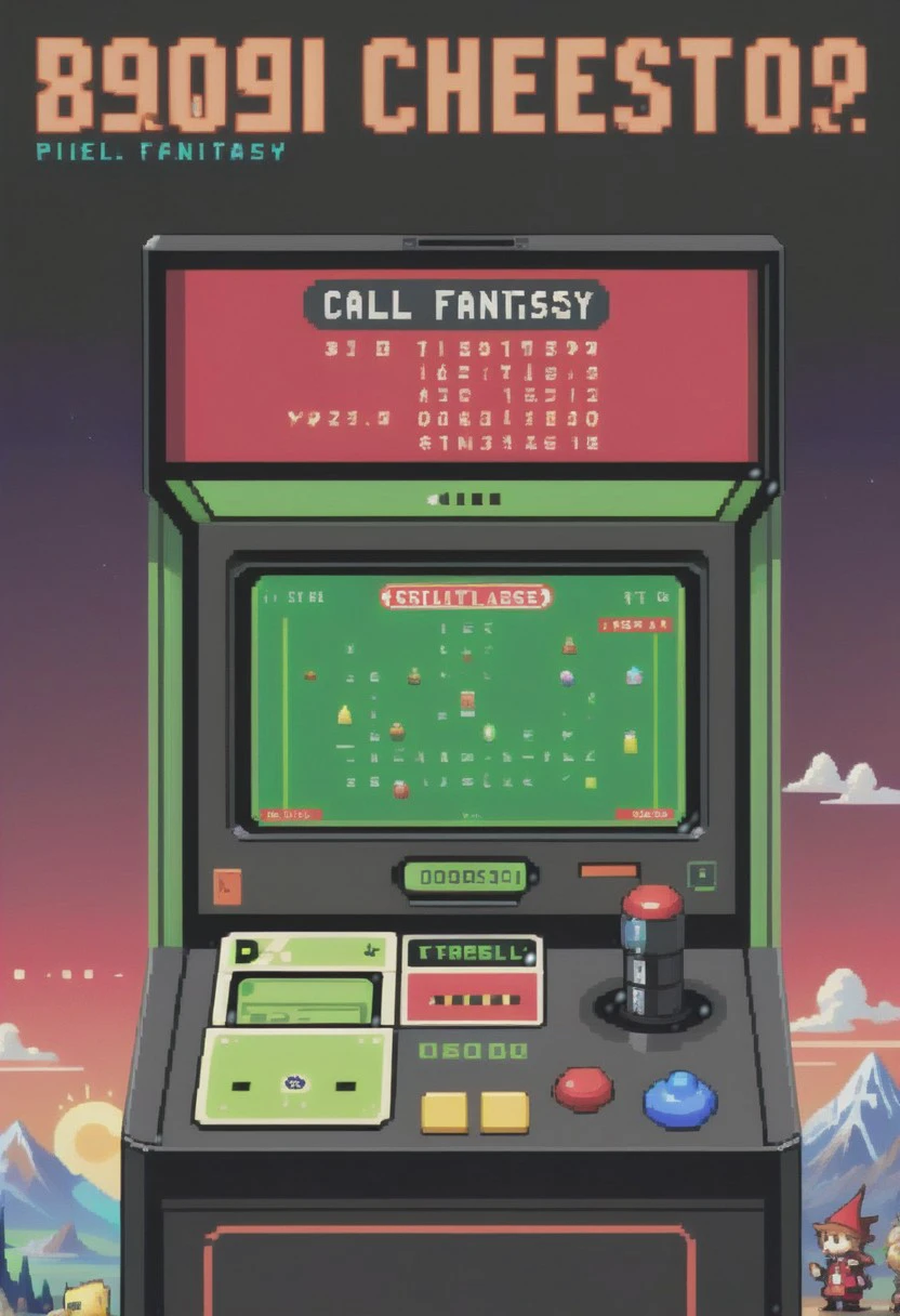 p1x3lt3xt, (Teletext game screen:1.5) with vibrant borders, featuring the text “(Call 1-800-Final Fantasy:1.4)” in a bold pixelated font. Below, the playful message reads “(WHERE ARE THE CHEETOES:1.3)” alongside a pixelated (red mage:1.2) character reminiscent of 8-bit D&D. Include a pixelated (Mountain Dew bottle:1.2) on the side. The entire theme should evoke an (80s and 90s retro pixel style:1.5) with a dark background, using various bright colors and informative numbers and instructions to enhance the nostalgic feel
