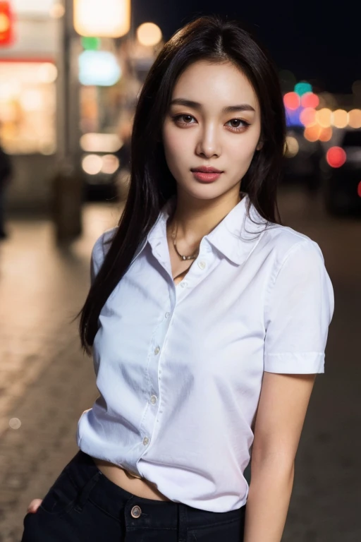 masterpiece, best quality, ultra-detailed, ultra high res, (photorealistic:1.4), raw photo, (realistic:0.2), 8k HDR, realistic lighting, 1girl, solo, (asian:0.2), asymmetrical hair, outdoor, night, (simple background:1.4), bokeh, (detailed lips), (detailed pores), (detailed skin textures), (detailed face:1.2), (upper body:1.2), a woman in a white collared shirt, black pants, promotional image, a character portrait, (thigh gap:1.2)