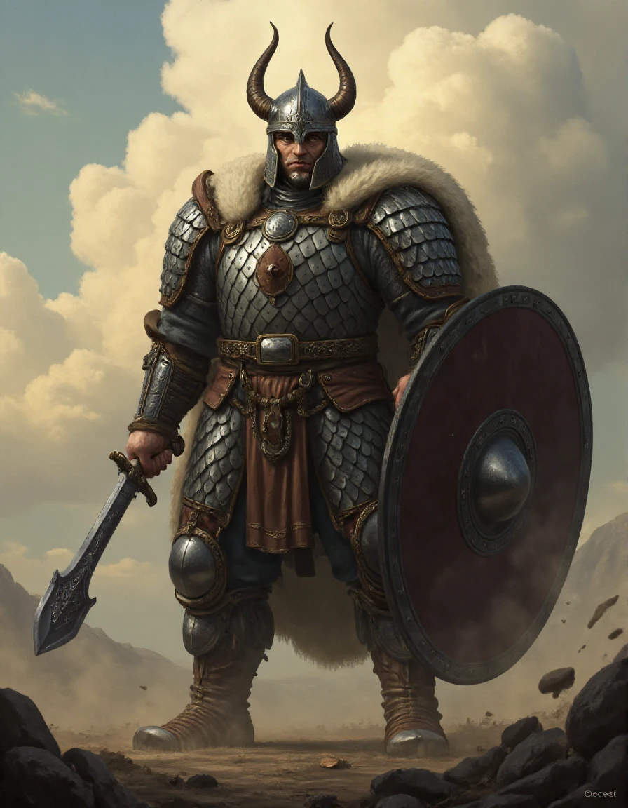 medium shot of perfect bulky muscular tall huge male knight, wearing fully body scale armor, wearing horned helmet, piercing eyes seen behind helmet visor, scales, SCLARMR, huge body, tall, imposing, holding a massive bastard sword in his hand firmly, wearing a majestic epic fur cape, imposing presence, towering, standing in battlefield, majestic epic clouds, fantasy art, leather lamellar armor, full body, masterpiece, dramatic lighting, back lit, dramatic epic scene, mist and smoke, cinematic, dramatic lighting, 100mm f/2.8 macro lens, freckles, skin pores, pores, vellus hair, macro, extreme details, looking at viewer, serious expression, investigative stare <lora:Flux_Skin_Texture:0.7> <lora:FluxDFaeTasticDetails:0.8> <lora:detailed photorealism style v3:0.5>  <lora:Dark Cinematic:0.7> DRK <lora:Scale_Armor_-_FLUX-000012:0.9>