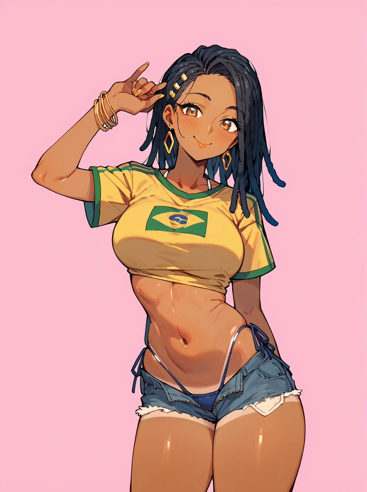 score_8_up, score_7_up, score_6_up, source_anime, 1girl, solo, simple background, pink background,
standing, pose, contrapposto, arched back, cowboy shot, facing viewer
smile, Dreadlocks, Blue-Black hair, large breasts, dark skin
yellow shirt, shorts, bikini  <lora:brazilianmiku:1>