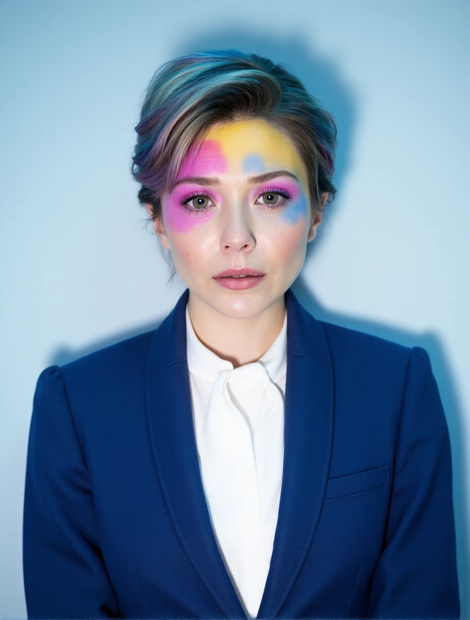 This is a high-resolution photograph of a young woman with a pale skin tone and short with closed mouth, dyed hair in a vibrant mix of purple and blue hues. Her hair is slicked back, exposing her face, which is adorned with striking makeup. The makeup features abstract, colorful patches in shades of yellow, pink, and blue, creating a whimsical and artistic appearance. The makeup extends from her forehead down to her jawline, blending seamlessly with her skin.
She is wearing a classic deep blue suit, tailored to create a sharp, polished look. The jacket's clean lines are complemented by a crisp white shirt, adding a touch of freshness. The background features a soft gradient of blue and white, perfectly highlighting her makeup and hair color, creating a harmonious visual effect.
The photograph is well-lit. The overall style of the image is artistic and avant-garde, emphasizing the interplay between the woman's natural features and the bold, abstract makeup. The photograph captures a blend of modern fashion and artistic expression, with a focus on creativity and individuality.,Elizabeth Olsen,<lora:Elizabeth Olsen_Flux_V1:0.9>