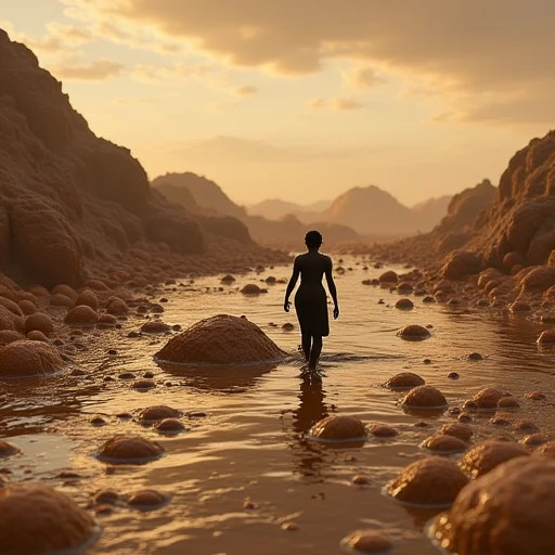 chocoslime, chocolate, woman walking through a slimey desert, in a brown desert with mountains in the far, solo, wearing black pants and shirt, wearing sunglasses, black hat, bright sun, mountains in far background, beautiful desert, day sky, full sun, sunlight, adult, short hair, brunette, realistic, masterpiece, 4k, trending on artstation, oustanding art, high details, brown scenery