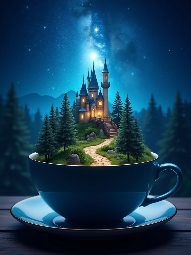 forest in cup, dreamlike, star, glowing, night, castle
