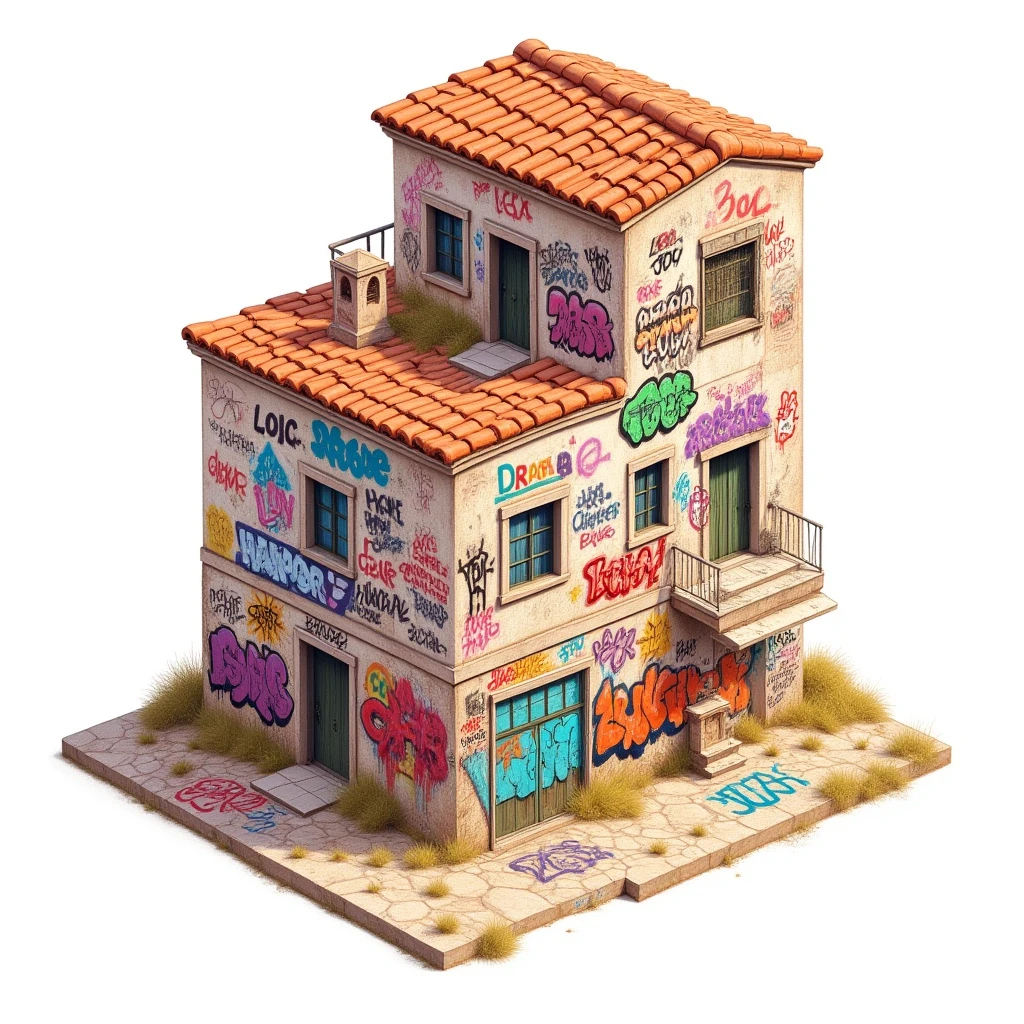 <lora:7894cfcb-e610-4679-a64c-f348eed79002.TA_trained:1>Create a detailed 3D isometric drawing of a Mediterranean-style building with multiple floors and terracotta-tiled roofs. The building's exterior walls are covered in vibrant, colorful graffiti in a variety of styles, including bold tags, intricate murals, and street art. Each section of the wall has a different artistic design, showcasing various graffiti techniques. The walls show some weathering, with a realistic texture of aged plaster, contrasting with the fresh, vivid colors of the graffiti. The windows and doors are simple and rustic, and the warm, natural lighting highlights the overall structure, casting soft shadows to enhance the 3D effect."