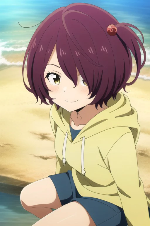 (masterpiece),komari chika, short hair, reddish-brown hair, yellow eyes, 1girl, solo, smile, hood, hair ornament, looking at viewer, hair over one eye, hood down, sitting, hoodie, water