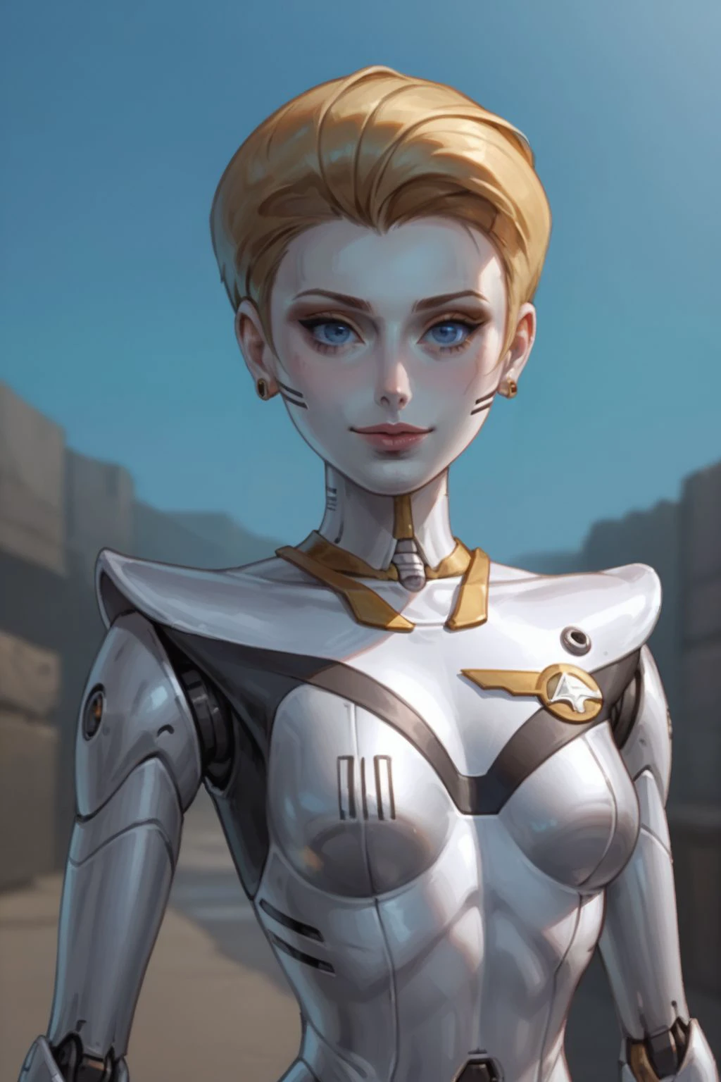 score_9, score_8_up, score_7_up, masterpiece, high quality, highres RAW photo,
solo, maxinereboot, 1girl, robot, made of chrome metal, metal body, metal face, chrome, blonde hair, short hair, blue eyes, <lora:MaxineReBoot_Pony-000009:0.65>
(slender body, petite:1.2), sexy, eye contact, tiny waist, sensual, seductive look, happy, smile, smiling, (sexy pose, standing)
((futuristic science fiction))