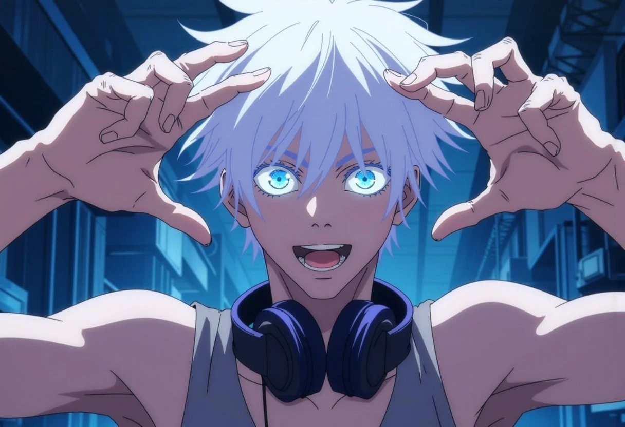 This is a digital illustration in an anime style, featuring a male character with an intense and focused expression. He has an androgynous appearance with pale skin and striking, strikingly bright blue eyes that stand out vividly against his white hair, which is tousled and somewhat messy. The boy's hair is styled in a chaotic, voluminous manner, giving him a youthful, anime aesthetic. His eyes are the primary focal point, with an otherworldly glow, adding a dramatic effect to his gaze. he is captured in a playful, dynamic pose with his hands raised and framing the camera in a cinematic style. he wears silver rings on multiple fingers. he is wearing a gray tank top, and a set of large headphones around his neck. his facial expression is confident and relaxed, with a subtle lip piercing visible. The background features a cyberpunk blue wall of machines, filled with toys, emphasizing a fun, urban, and retro atmosphere. The lighting is dark but focused, casting gentle shadows that enhance the vibrant, energetic mood of the scene.