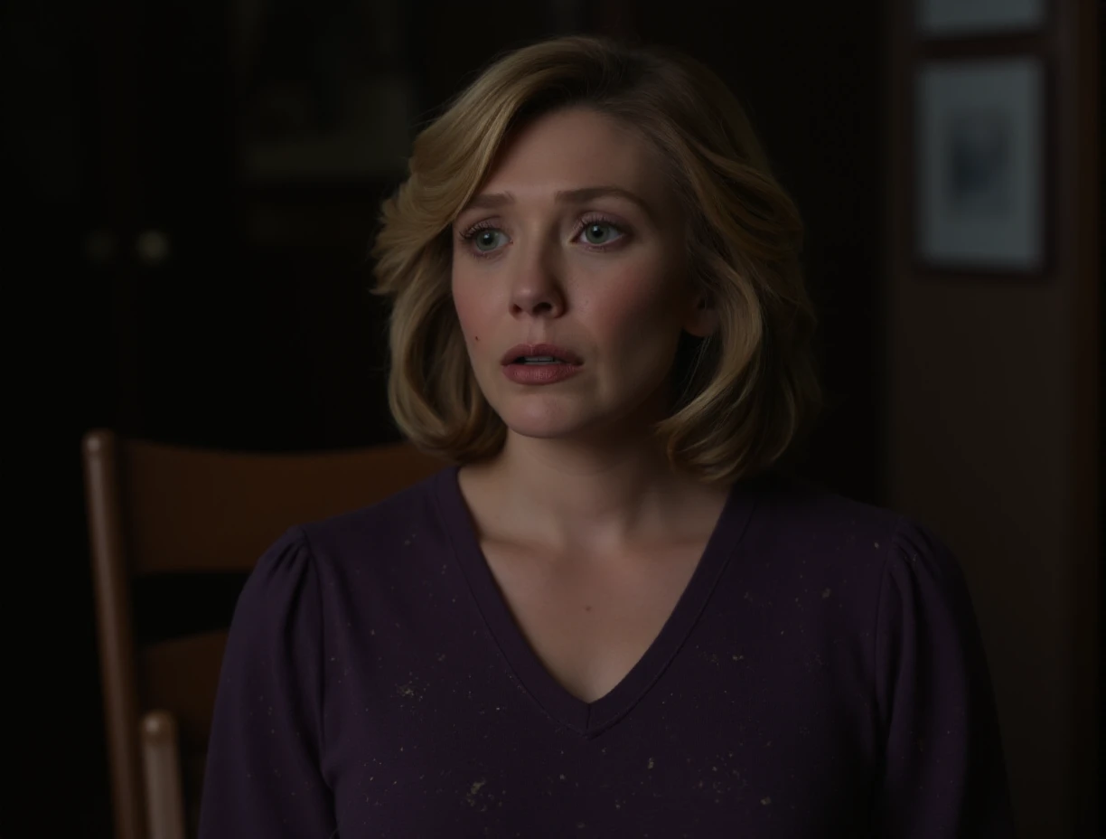 Photograph of a Caucasian woman with shoulder-length blonde hair, fair skin, and blue eyes, wearing a dark purple V-neck shirt with a cosmic pattern. She has a serious expression and is indoors, with dim lighting.,Elizabeth Olsen, <lora:Elizabeth Olsen_Flux_V1:0.96>