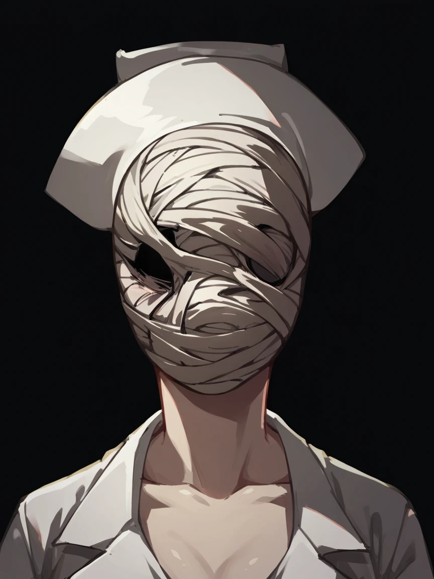 score_9, score_8_up, score_7_up, score_6_up, score_5_up,  <lora:bubbleheadnurseXLP:1> bubble head nurse, 1girl, solo, nurse, nurse cap, bandage mask, dark, black background