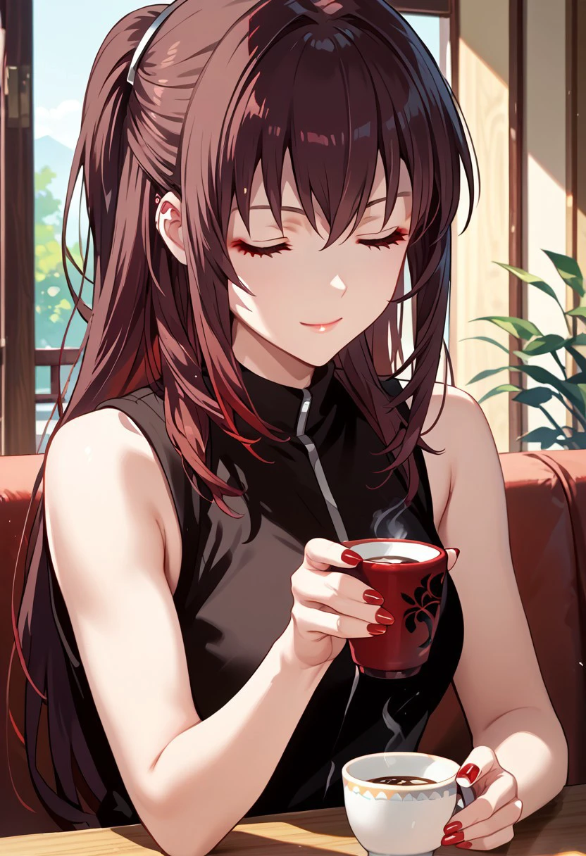 score_9,score_8_up,score_7_up,source_anime,Akane Kosaka,1girl,solo,smile,shirt,holding,closed mouth,bare shoulders,upper body,closed eyes,sleeveless,nail polish,cup,black shirt,sleeveless shirt,holding cup,facing viewer,red nails,choko \(cup\),