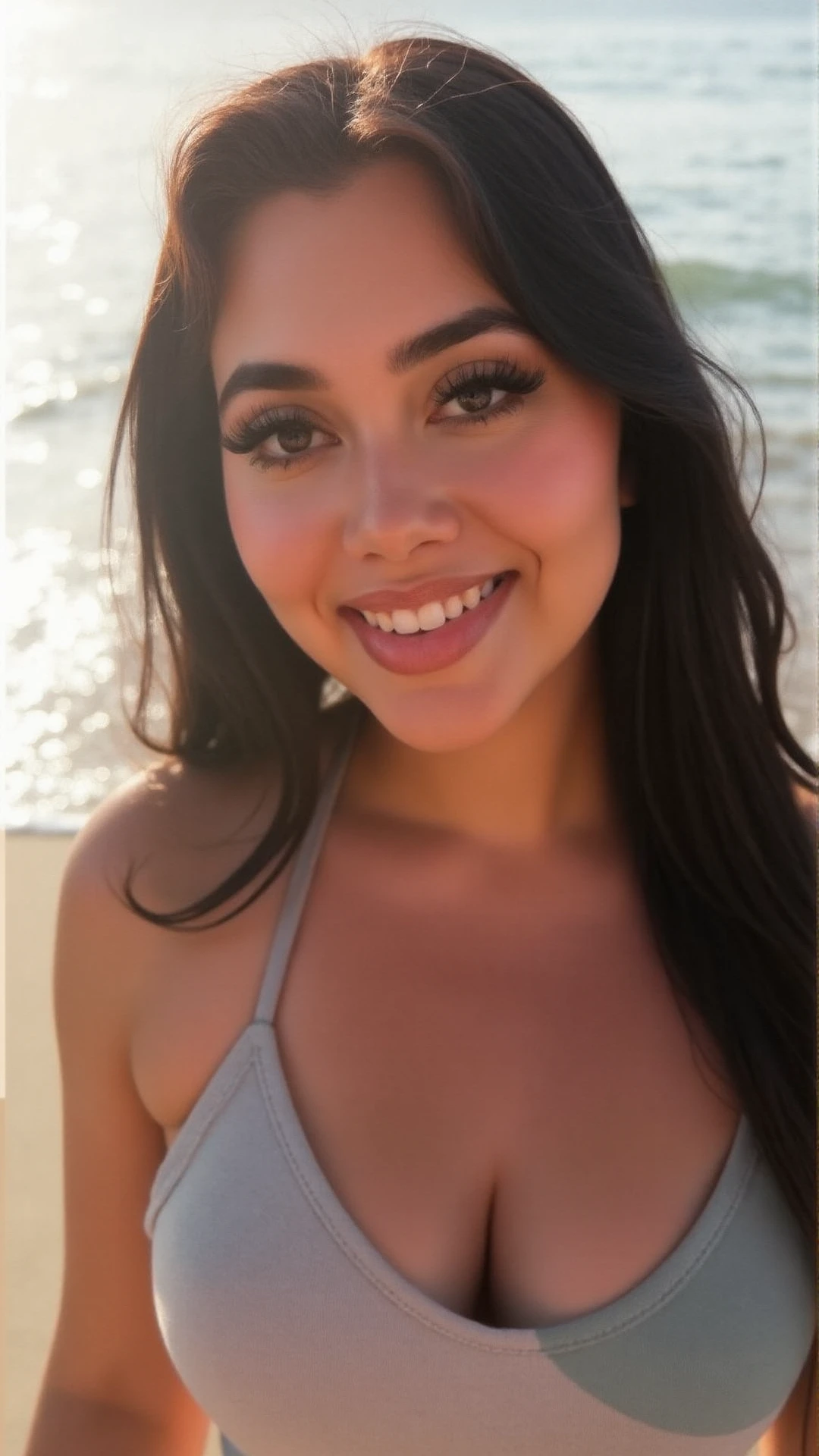 Jessica Degg short chubby face brunette long ponytail straight hair Caucasian freckles fake tan eyelashes dark eyes eyeshadow make up smiling jewellery short chains summer dress