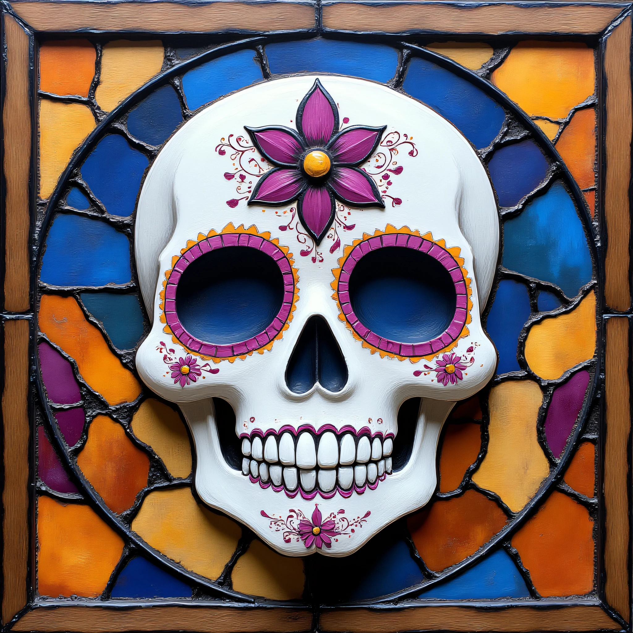 ArsMJStyle, Vibrant Calavera, The image is a square-shaped painting of a skull in the center of a circular frame. The skull is white with intricate patterns and designs on its face and upper body. It has two large pink and purple flowers on its forehead and two smaller pink and orange flowers on either side of its eyes. The background is made up of different shades of blue orange and yellow creating a mosaic-like effect. The frame is made of a dark blue material with a gold border. The overall style of the painting is reminiscent of the Day of the Dead or Mexican holiday., no humans, stained glass, teeth, traditional media, solo, grin