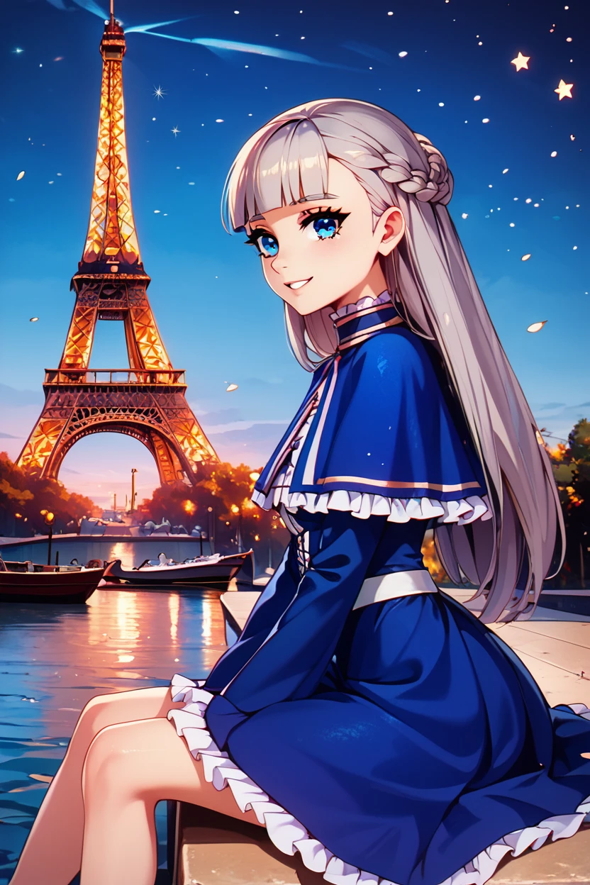 score_9, score_8_up, score_8, medium breasts, (curvy), cute, eyelashes,       BREAK, , zzLawine, long hair, braid, blue eyes, blunt bangs, grey hair, french braid, blue capelet, blue dress, long sleeves, frilled capelet,  <lora:LawineFrieren_PDXL_v1:0.8>, , BREAK, zzEiffelTower in background, sitting, watercraft, boat, sitting on wall, side view, looking at viewer, smile, ,,, BREAK, blooming stars, luminescent petals, otherworldly fragrance blurry background, ,,, embedding:zPDXL, Expressiveh, ,,, <lora:EiffelTowerPDXL:0.8>, <lora:CatalystStylePDXL:0.6>, <lora:SDXLFaeTastic2400:0.5>, <lora:Expressive_H-000001:0.4>,