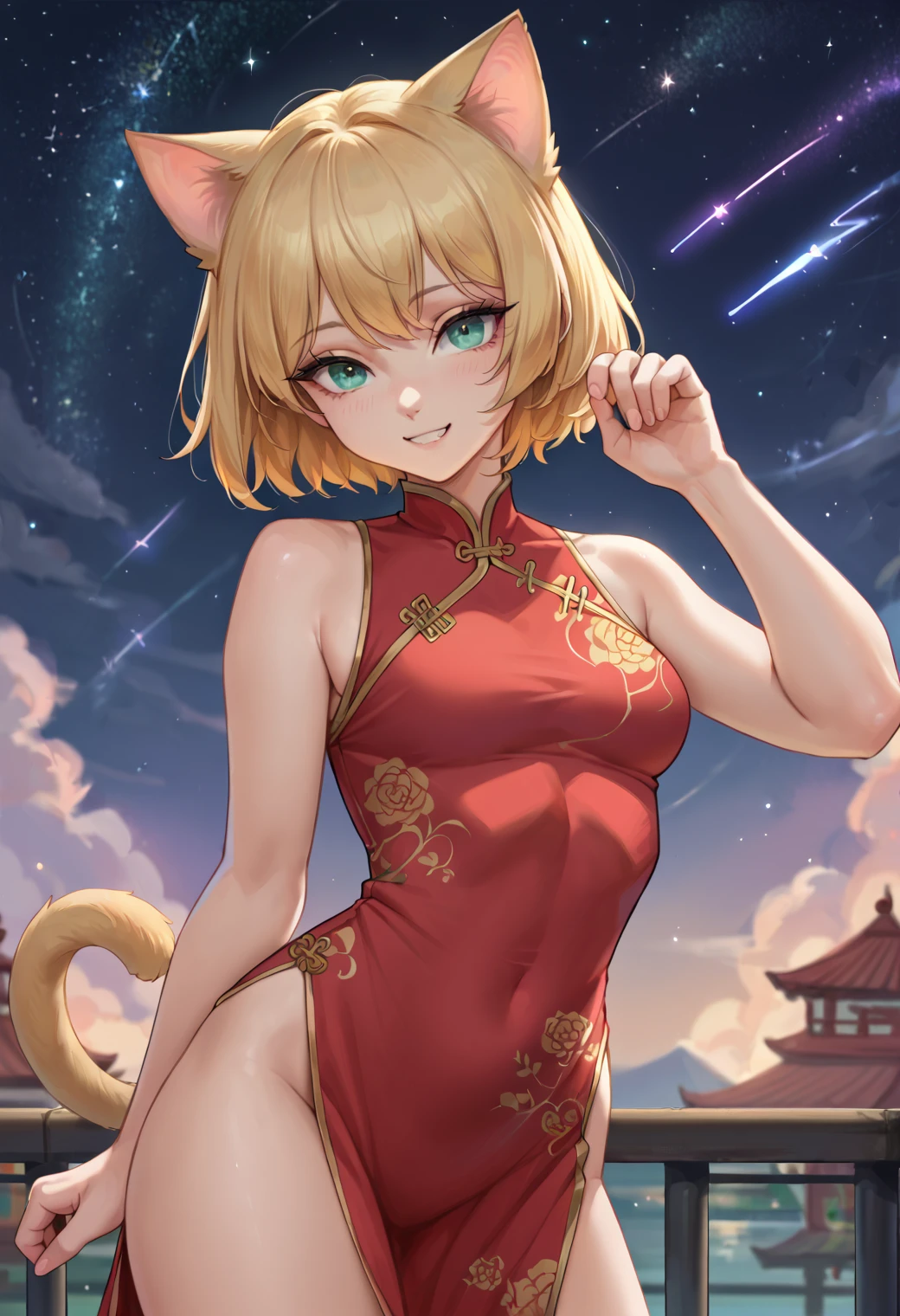 score_9, score_8_up, score_7_up, BREAK  ict style, 1girl, cute catgirl, smiling, looking at viewer, neko pose, cowboy shot, china dress, stars, shooting stars