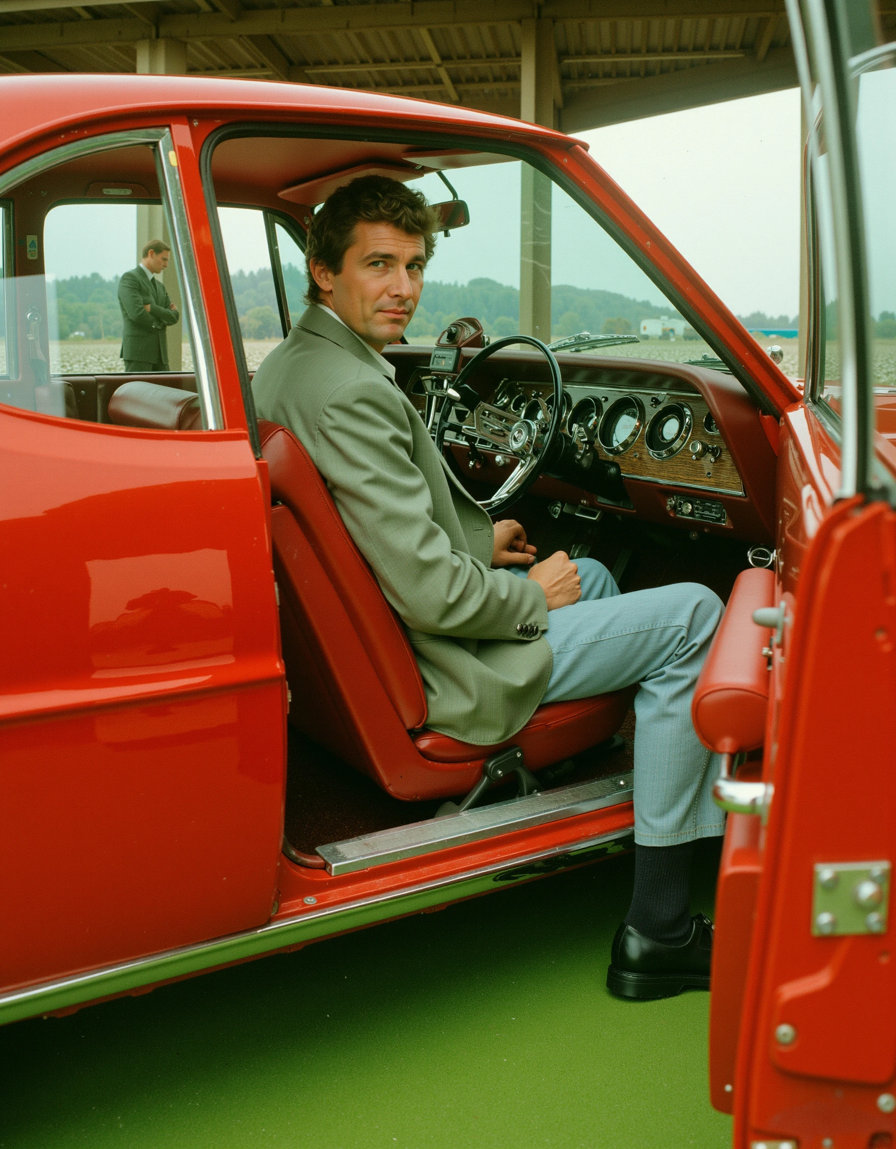 m1dc3ntury ad 1960s photograph of a man sitting in a new red car for an automotive advertisement, facing the viewer, photography shoot, post production, the image has printing artifacts and wear from being aged over years. Rule of thirds composition, ethereal science fiction style scene, avocado green carpet floors.