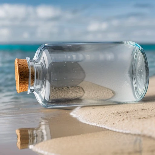 laying on its side transparent bottle, background beach,  <lora:EmptyGlassBottleConcept:0.7>