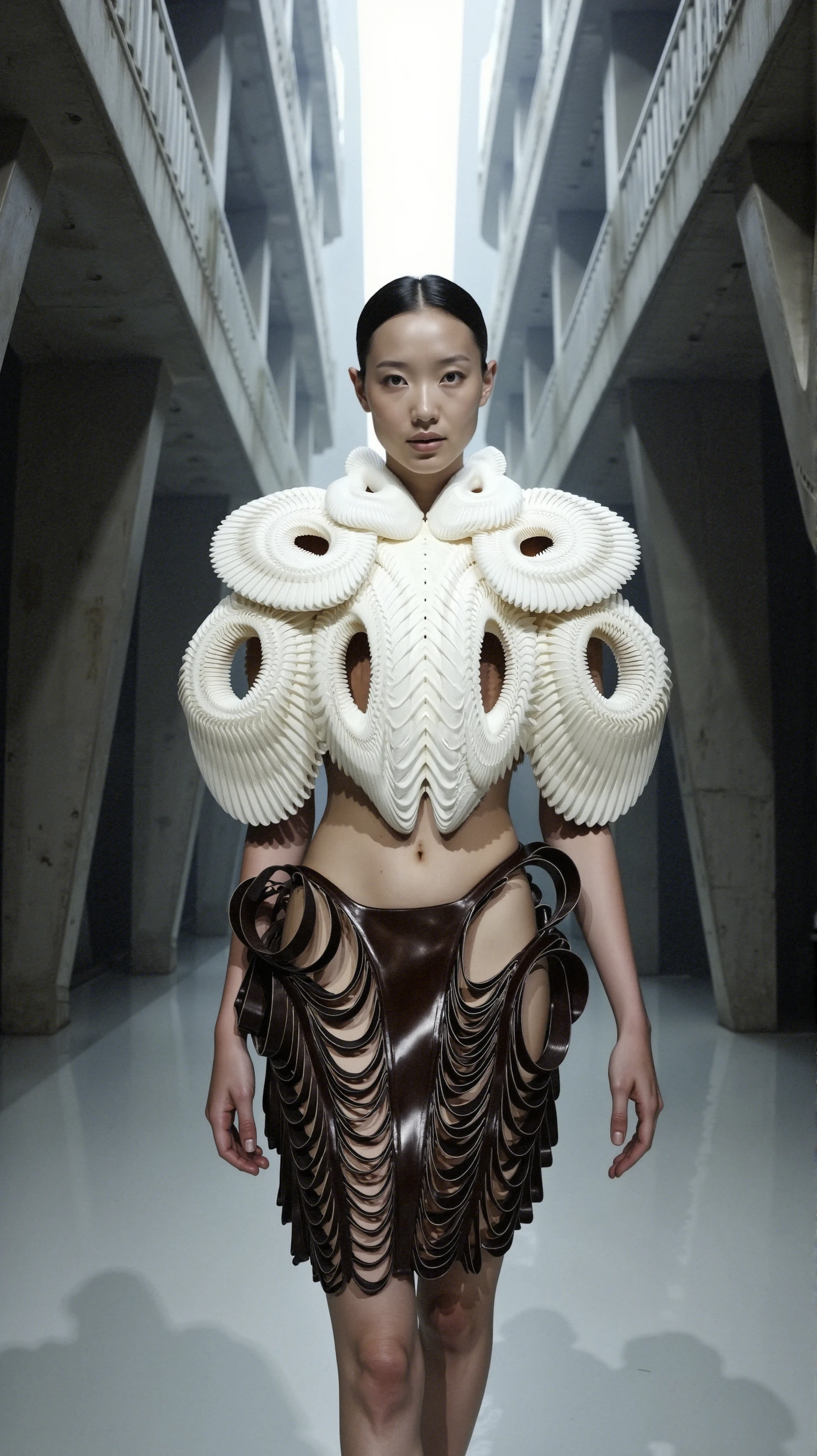 The model is wearing an IRIS avant-garde, futuristic ensemble that combines high fashion with sculptural elements. The top is an intricate, architectural creation made from white, pleated structures, resembling organic, almost shell-like forms. The design features symmetrical, circular cutouts and sculpted ridges that give it a 3D, almost alien-like appearance. The top is bold and highly structured, with flowing, ribbed textures that radiate from the center, emphasizing movement and volume.

The skirt contrasts sharply in deep, glossy brown leather, with a similarly complex design. It features swirling, ribbon-like strips of leather that form an open structure, revealing glimpses of skin underneath. The intricate weaving of the leather creates a sense of fluidity, while the shiny material adds a luxurious, futuristic sheen. Together, the two pieces form an ensemble that feels as if it's been pulled from a sci-fi world where fashion is both armor and art.

Placing the Model in the Sci-Fi Background:

The model stands tall within a vast, dystopian sci-fi architectural landscape. She is framed by the towering concrete walls of a futuristic mega-structure, with sharp, angular lines and endless corridors stretching into the distance. The building’s dark, industrial design contrasts dramatically with the organic shapes and high fashion elements of her outfit, making her appear like a figure of elegance and power amidst a cold, mechanical world.

The lighting in the scene is dim and muted, with soft, diffused light filtering in from high above, casting long shadows along the walls and ground. The glossy, leather elements of her skirt reflect the light subtly, while the ridged, white pleats of her top catch the shadows, creating depth and texture.

In the background, the gigantic scale of the structure dwarfs her, giving the impression that she’s either part of a larger sci-fi narrative or walking through the corridors of an industrial space station. The harsh, minimalist architecture of the place highlights her as a contrast—an embodiment of human creativity and artistry against the backdrop of cold, utilitarian design. The scene feels like a moment of high fashion in a dystopian future, where she stands out as a symbol of elegance and resilience amidst the imposing, futuristic structures.