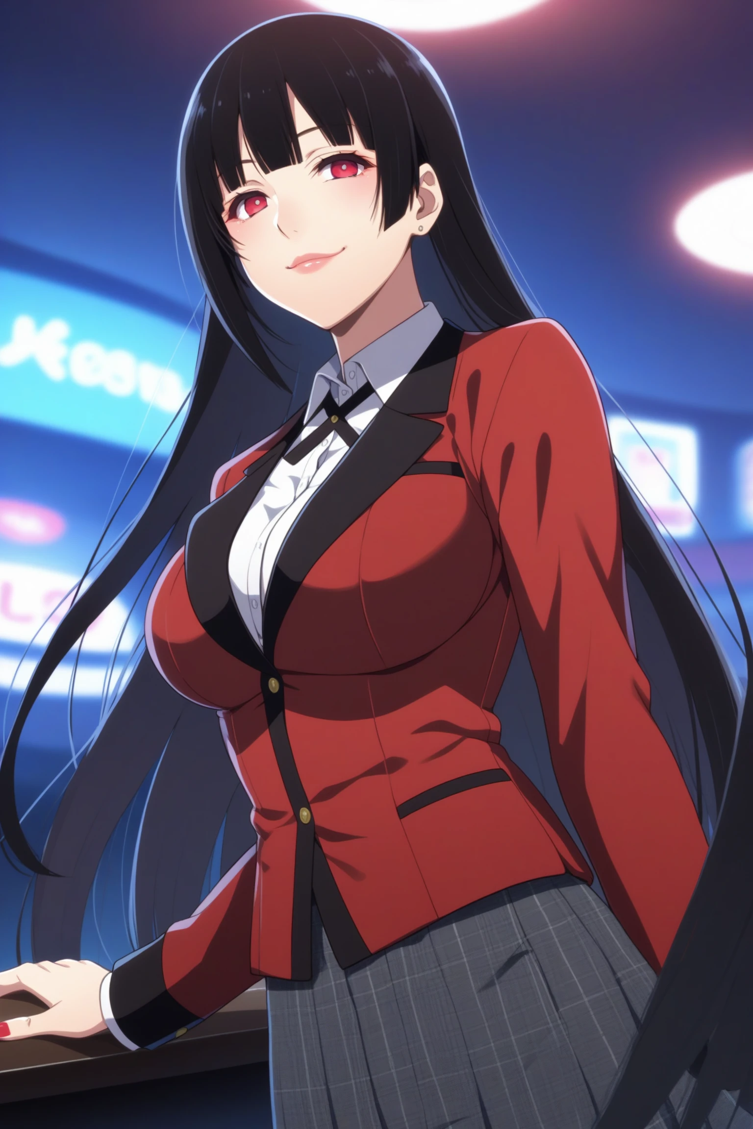 jabami yumeko, long hair, black hair, bangs, himecut, red eyes, hyakkaou academy school uniform, long sleeves, red nails, nail poilsh, blazer, red jacket, suit jacket, white shirt, collared shirt, black neck ribbon, black skirt, plaid skirt, pleated skirt, black pantyhose, loafers, <lora:Yumeko_Jabami:0.8>, score_9, score_8_up, score_7_up, score_6_up, score_5_up, source_anime, rating_safe, medium breasts, indoors, casino, 1girl, solo, looking at viewer, <lora:age_slider_v4:3>, (upper body:1.2)