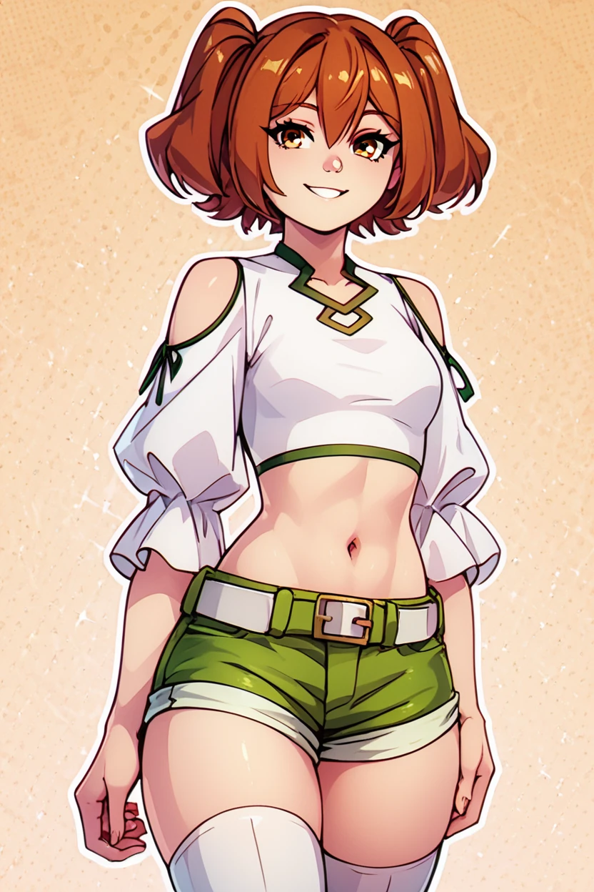 score_9, score_8_up, score_8, medium breasts, (curvy), cute, eyelashes,       BREAK, , zzKanne, short hair, brown hair, twintails, brown eyes,  shirt, thighhighs, navel, bare shoulders, white shirt, short sleeves, midriff, belt, white thighhighs, crop top, short shorts, clothing cutout, shoulder cutout, green shorts, <lora:KanneFrieren_PDXL_v2:0.8>,, BREAK, smile, looking at viewer, ,,, abstract background, white outline, cowboy shot, ,,, embedding:zPDXL, Expressiveh, ,,, <lora:CatalystStylePDXL:0.6>, <lora:SDXLFaeTastic2400:0.5>, <lora:Expressive_H-000001:0.4>,