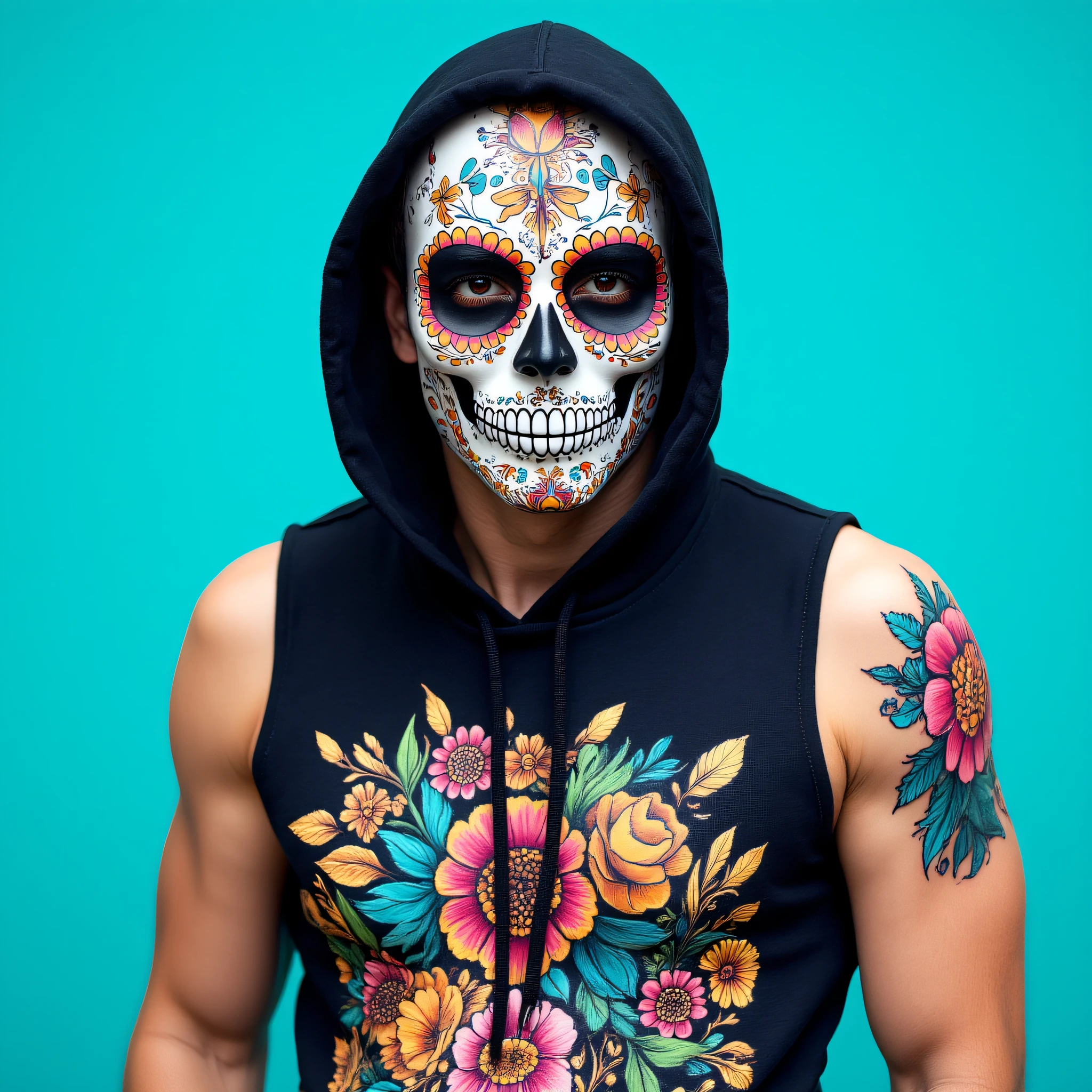 ArsMJStyle, Vibrant Calavera, The image shows a man wearing a colorful skull mask and a sleeveless tank top. The skull mask is made up of intricate patterns and designs in shades of pink orange yellow and blue. The tank top is black and has a floral design on the front. The man is standing with his arms at his sides and is facing the camera. The background is a solid turquoise color., 1boy, hood, solo, tattoo, male focus, flower, arm tattoo, hood up, upper body, floral print