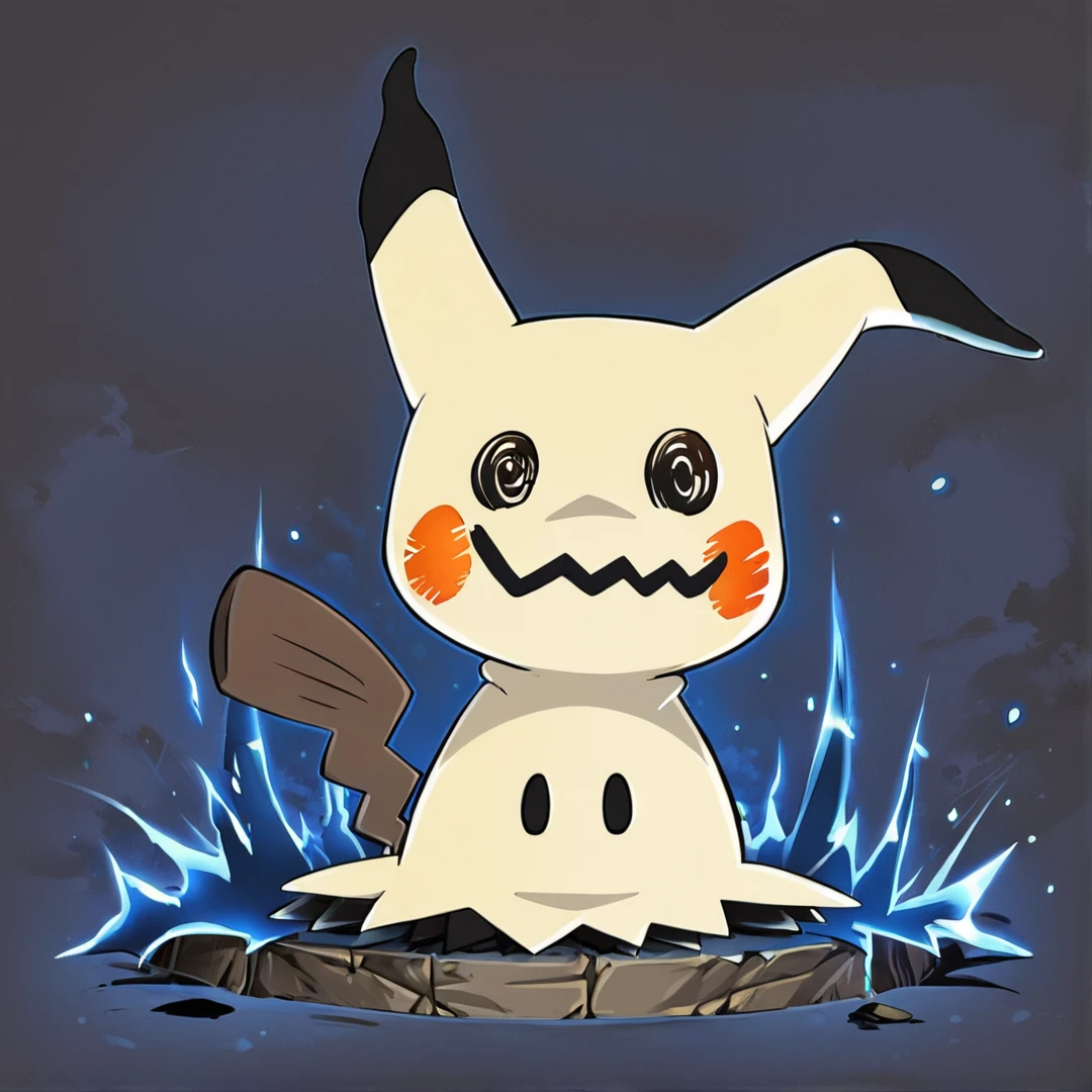 <lora:Mimikyu:1>, mimikyu, looks like a Pikachu, skin is a grayish-beige, tail is made of wood, and has a grayish-brown color, face consists of poorly drawn eyes, cheeks, and a zigzag mouth, two holes appear in the body of the costume, which are the actual eyes, underneath the cloth appears to be a black shadowy mass, with two glowing eyes