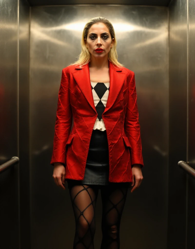 full body view of Quinn is a blonde woman with makeup and red lips, red jacket, she is in a lift  <lora:Quinn:0.9>