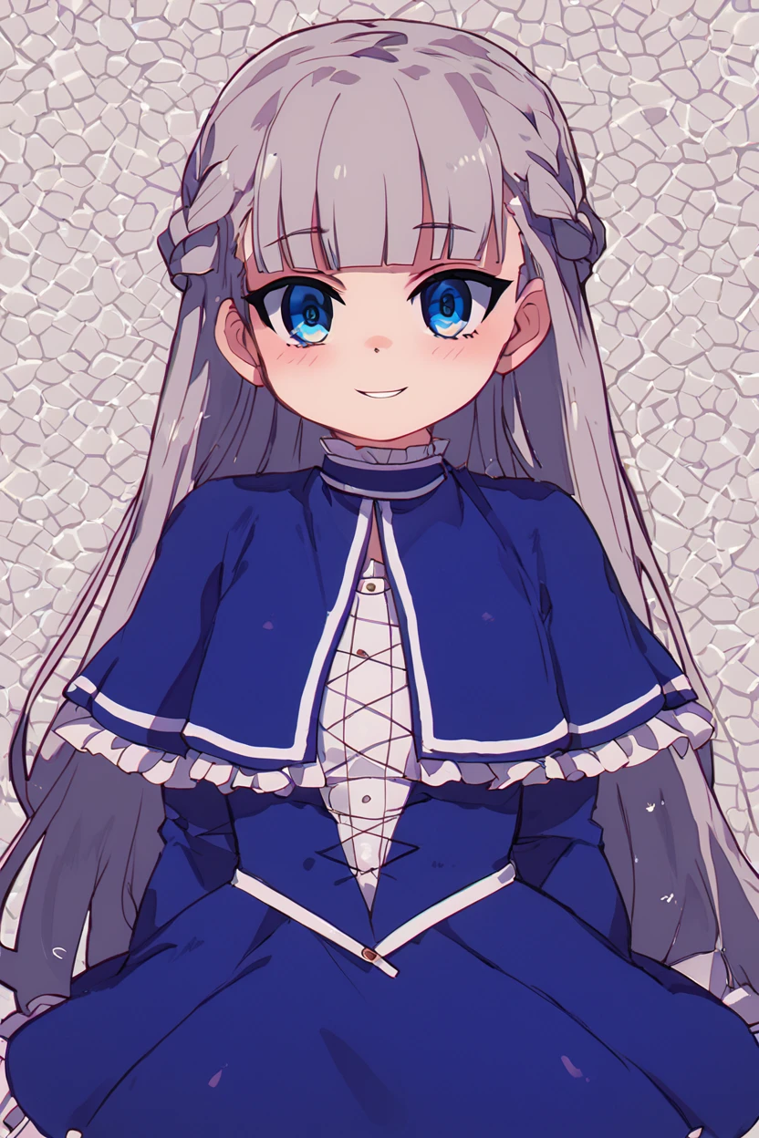 score_9, score_8_up, score_8, medium breasts, (curvy), cute, eyelashes,       BREAK, , zzLawine, long hair, braid, blue eyes, blunt bangs, grey hair, french braid, blue capelet, blue dress, long sleeves, frilled capelet,  <lora:LawineFrieren_PDXL_v1:0.8>, , BREAK, smile, looking at viewer, cowboy shot, ,,, embedding:zPDXL, Expressiveh, ,,, <lora:Zankuro_Style_PDXL:0.8> <lora:SDXLFaeTastic2400:0.5>, <lora:Expressive_H-000001:0.4>,