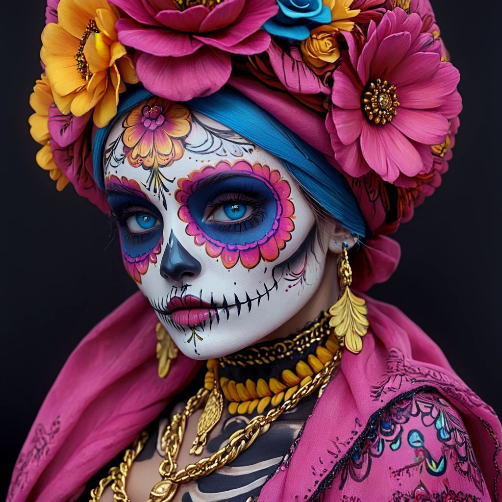 <lora:Vibrant_Calavera_r1:1> ArsMJStyle, Vibrant Calavera, The image is a close-up portrait of a woman's face specifically the Day of the Dead-inspired makeup. The woman is wearing a pink headscarf with a large flower on top which is tied in a bun. She has blue eyes and is also wearing a gold necklace with a pendant. Her face is painted with intricate sugar skull designs including red orange and yellow flowers and blue eyeliner. The background is black making the colors of the makeup stand out even more. The overall mood of the image is dark and eerie., 1girl, solo, jewelry, blue eyes, necklace, braid, makeup, hat, tattoo, chain