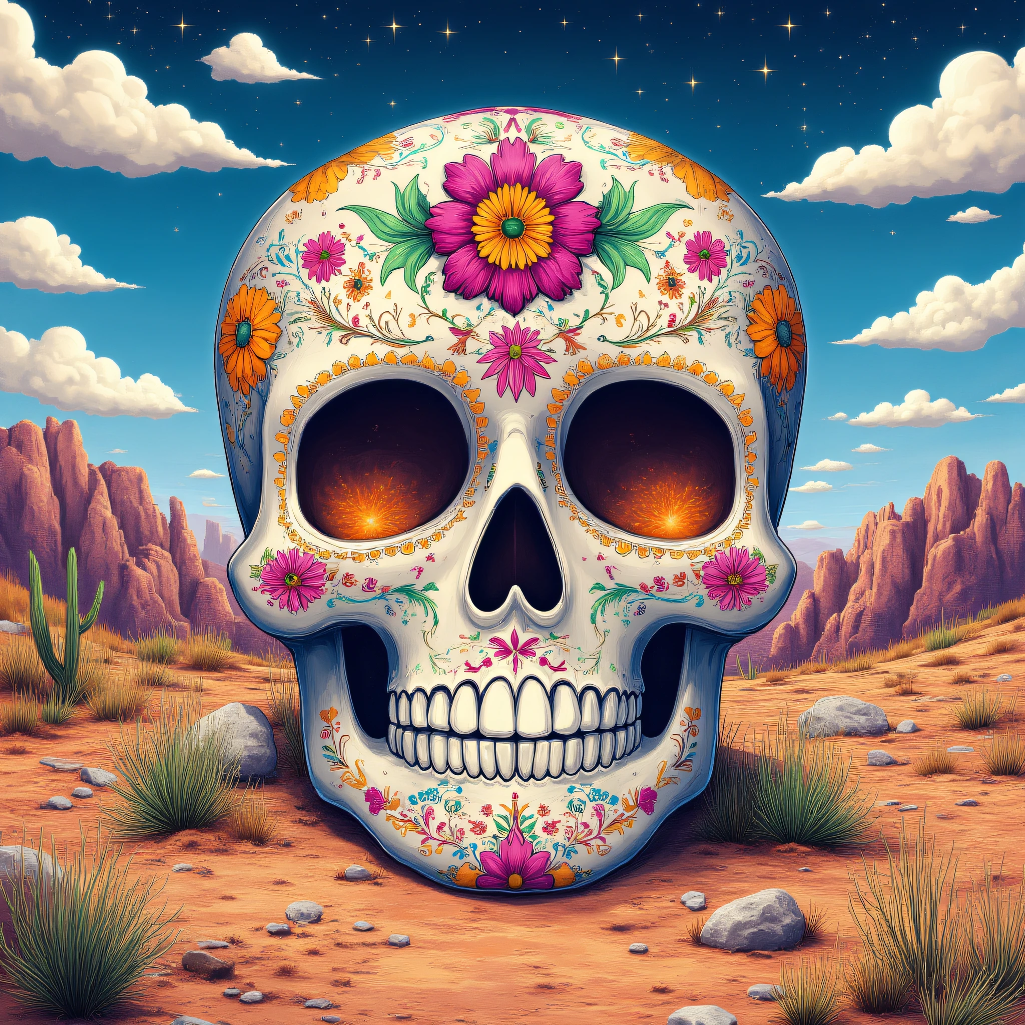 ArsMJStyle, Vibrant Calavera, The image is a digital illustration of a skull in a desert-like landscape. The skull is in the center of the image with its head facing towards the left side of the frame. It is decorated with colorful flowers and patterns in shades of pink orange yellow and green. The flowers are arranged in a symmetrical pattern around the skull's face with some overlapping each other. The background is a deep blue sky with white clouds and there are mountains in the distance. The ground is covered in small rocks and shrubs and the overall color palette is vibrant and colorful. The overall mood of the illustration is surreal and dreamlike., flower, sky, cloud, no humans, outdoors, pink flower, grass, floral print, star (sky), rock