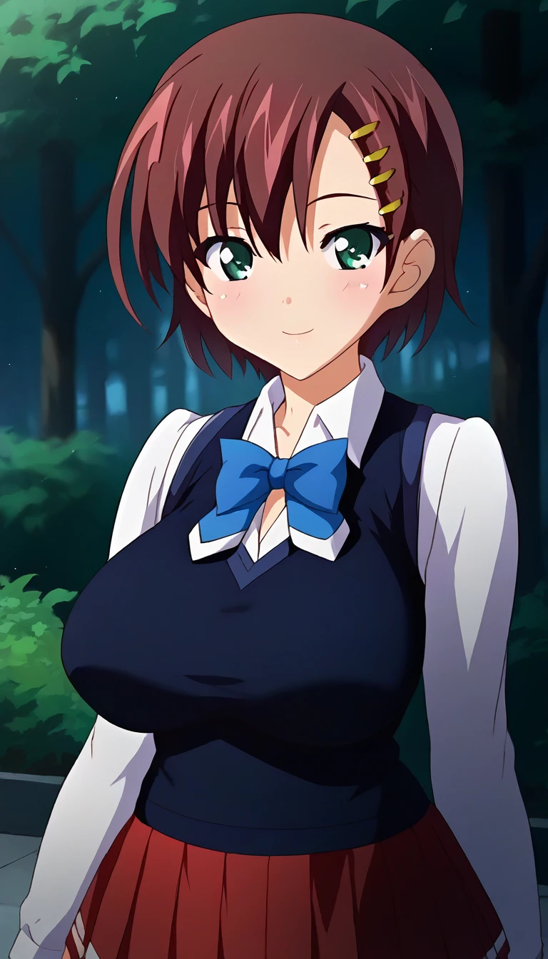 score_9,score_8_up,score_7_up,score_6_up BREAK official art,solo,outdoors,upper body,(portrait:1.5),looking at viewer,facing viewer,smile,blush,Sana Kuranaka,short hair,brown hair,hair ornament,hairclip,side swept bangs,green eyes,school uniform,sweater vest,black vest,blue bowtie,white shirt,collared shirt,large breasts,skindentation,long sleeves,microskirt,red skirt,pleated skirt,black socks,loafers,<lora:Sana Kuranaka(oc)-Pony:1.8>,