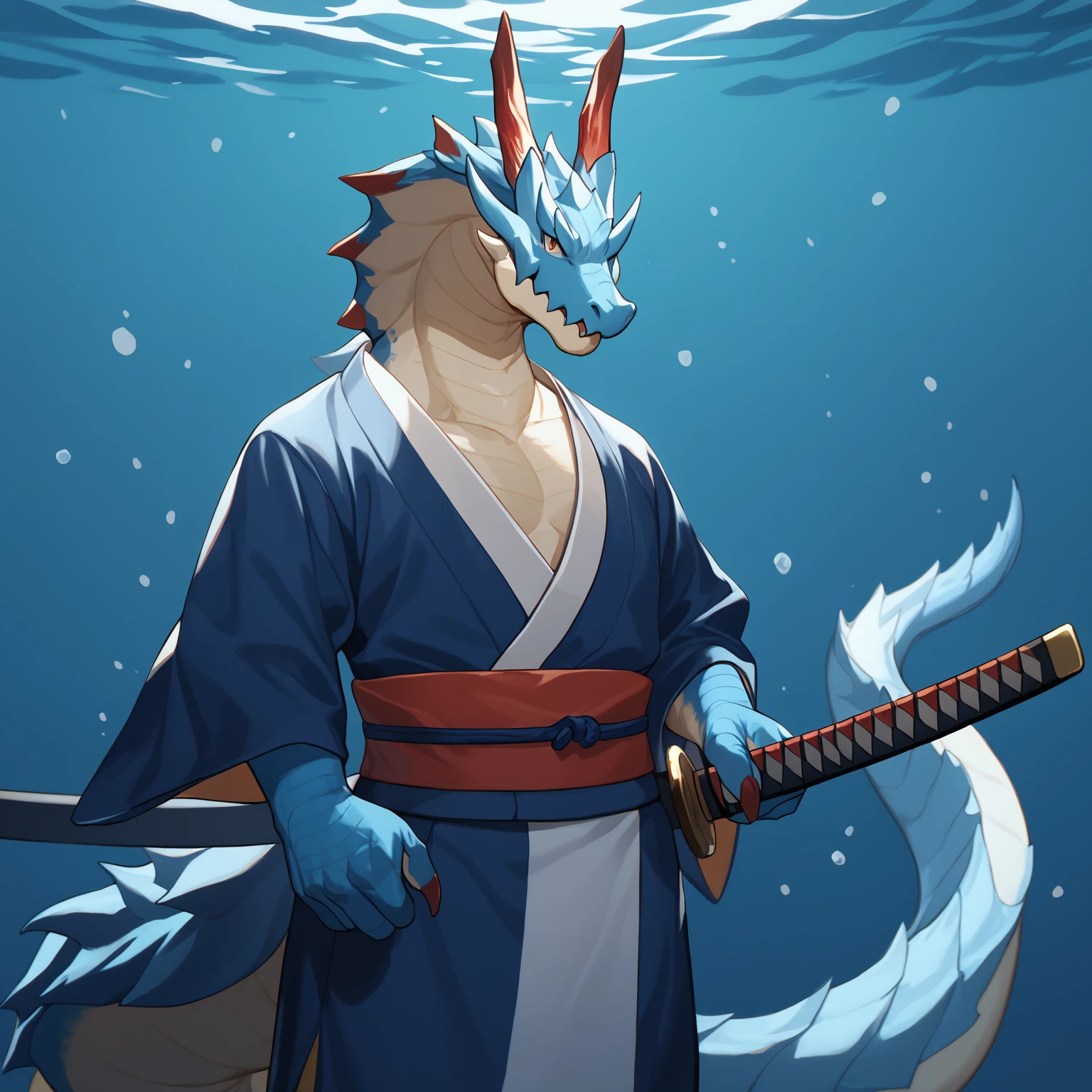 zPDXL,by kiyosan,by pgm300,(by bebebebebe:0.75),by milkytiger11145,
male,5fingers,action pose,looking at viewer,character design,mult view,standing,kimono,samuraisamurai,snowing,wave,underwater,water magic,standing,
black beak,katana,holding katana,<lora:Lagiacrus-XL-ADAM-V2-000015>,anthro,dragon,Lagiacrus,blue scales,red horn,smile,