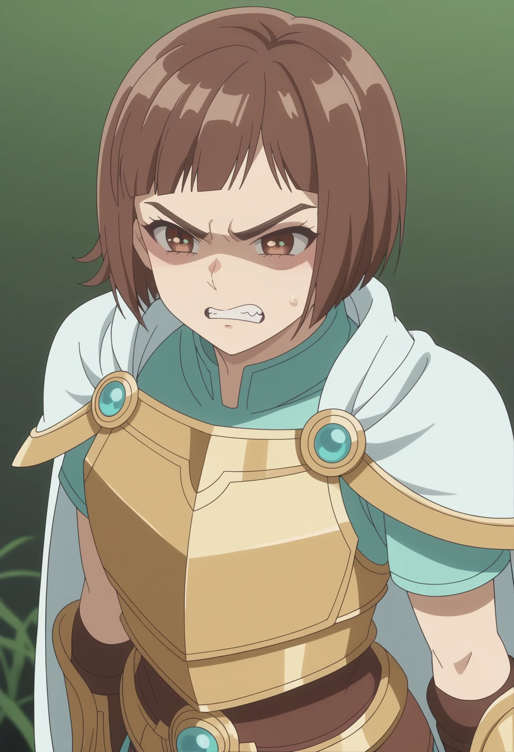 score_9, score_8_up, score_7_up, anime screencap, BREAK, 1girl, solo <lora:DX888Kazusa:1> onodera kazusa, brown eyes, brown hair, thick eyebrows, bob cut, micro bangs, BREAK
 angry, rage, furious,  half-closed eye, v-shaped eyebrows, clenched teeth, shaded face,, in a swamp, fog, green mist ,, Paladin, armored, golden, white cape,   holy armor, breastplate,