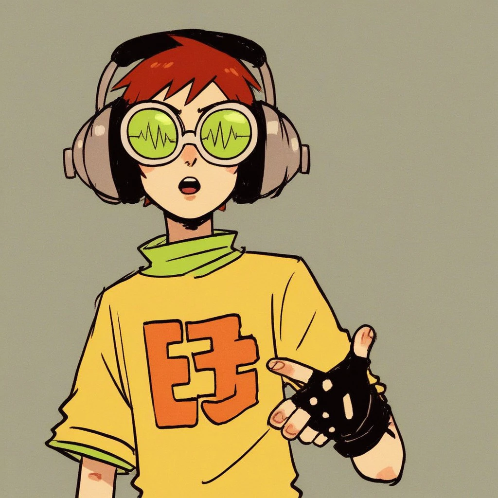 (masterpiece), best quality, expressive eyes, perfect face, score_9, score_8_up, score_7_up, score_6_up, looking at viewer, open mouth, solo, black fingerless gloves, ビート \(symbol\), yellow t-shirt, gray headphones, green lenses, white googles, red hair, short hair, 1boy, beat_jsr, <lora:5d4e7040-bbbe-4de5-9eb9-7ec7dd9832e7:0.9>