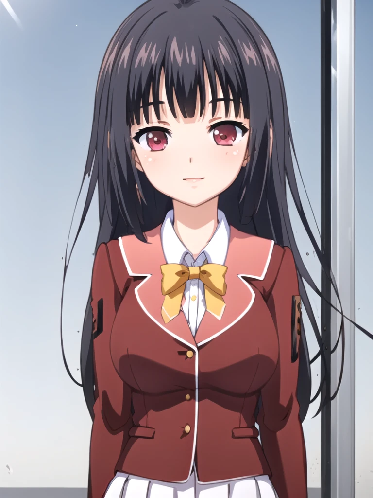 ((masterpiece)),(best quality),official art,extremely delicate and beautiful,extremely detailed CG,unity 8k wallpaper,ultra detailed,beautiful detailed eyes,extremely detailed face,outdoors,1girl,solo,upper body,(portrait:1.5),looking at viewer,facing viewer,smile,blush,Mikami Yuka,black hair,long hair,hime cut,sidelocks,blunt bangs,red eyes,school uniform,red jacket,blazer,yellow bowtie,collared shirt,white shirt,long sleeves,large breasts,miniskirt,pleated skirt,white skirt,brown pantyhose,loafers,<lora:Mikami Yuka(oc):1.4>,