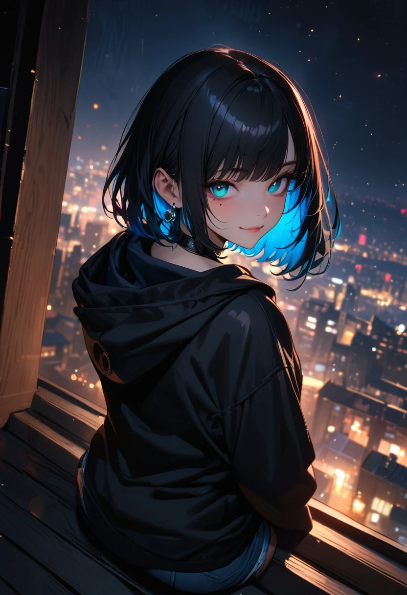 (masterpiece), (best quality), (ultra-detailed), absurdres, ultra-detailed,female focus,
1girl, black hair , solo,  looking at viewer, bangs, black hair, sitting, multicolored hair, two-tone hair, colored inner hair, blue hair, night city, clouded sky, moon ,sitting on the roof of a house, bob cut, 
 sleepy, smile, bags under eyes, black eyes, black hoodie, jeans shorts , choker,  earrings, extra detailed, mole under eye, dark light, light particle, particle,  from back,
masterpiece,best quality, aqua_eyes,  dark_pupils, dark background, gh resolution, high saturation , good anatomy,  sharped sightings , (realistic:0.4), eye close-up, colourful eyes detailed beautiful eyes, medium shot, 70mm film, dramatic lighting, luminous eyes, immersed gaze, 
(glowing eyes, very high resolution eyes,)