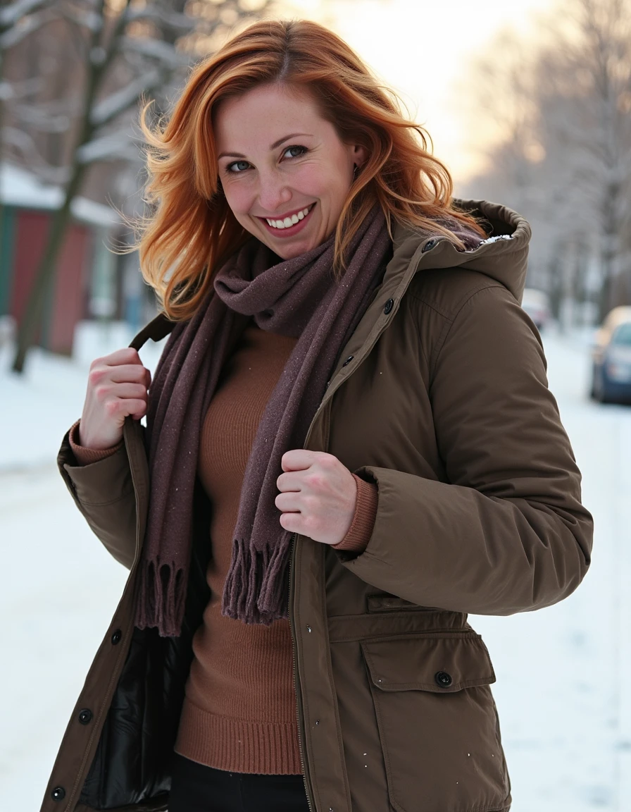 <lora:Karibyronflux1a-000001:1> fair skin and shoulder-length, wavy, light brown hair wearing winter clothes thick jacket, sweater and scarf, snow is accumulating on her hair, shoulders and clothes, Dynamic pose, at Dawn,