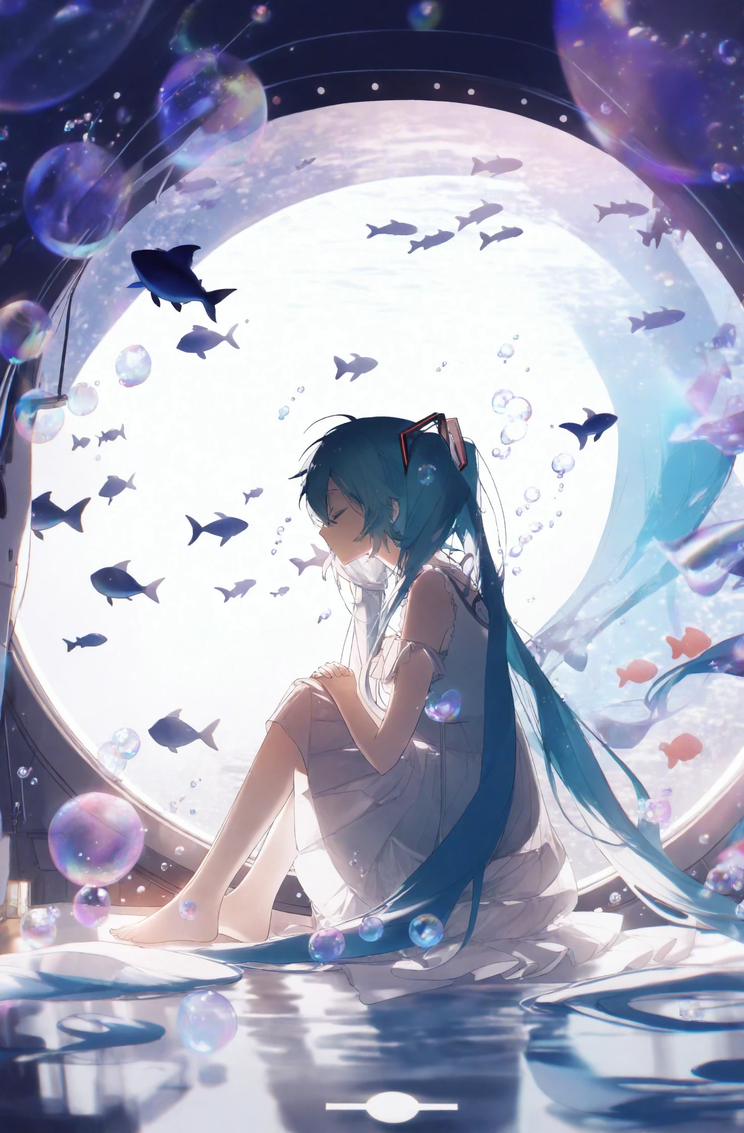 masterpiece, best quality, illustration, konya karasue, 1girl, hatsune miku, fish, solo, long hair, barefoot, closed eyes, twintails, very long hair, dress, sitting, white dress, bubble, crescent moon, moon, blue hair, from side