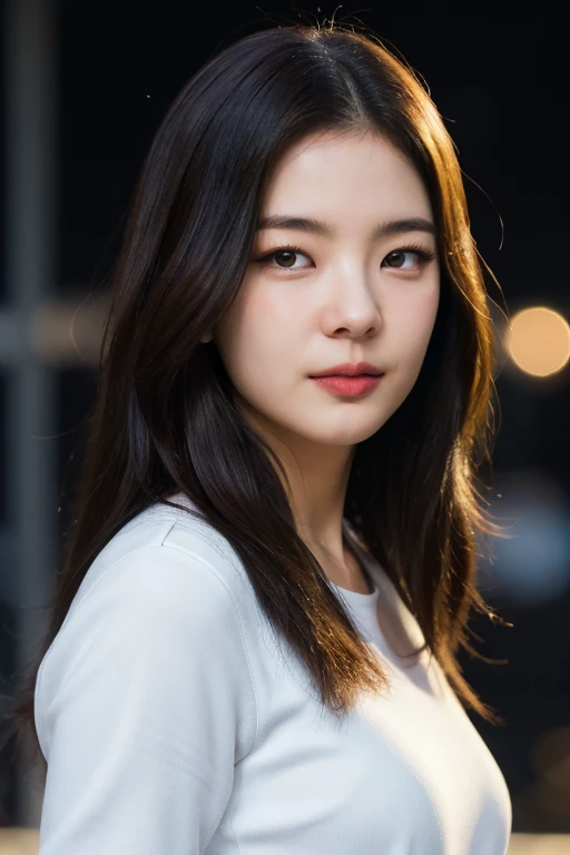 masterpiece, best quality, ultra-detailed, ultra high res, (photorealistic:1.4), raw photo, (realistic:0.2), 8k HDR, realistic lighting, 1girl, solo, (asian:0.2), asymmetrical hair, outdoor, night, (simple background:1.4), bokeh, (detailed lips), (detailed pores), (detailed skin textures), (detailed face:1.2), (upper body:1.2), a woman in a white suits, promotional image, a character portrait,