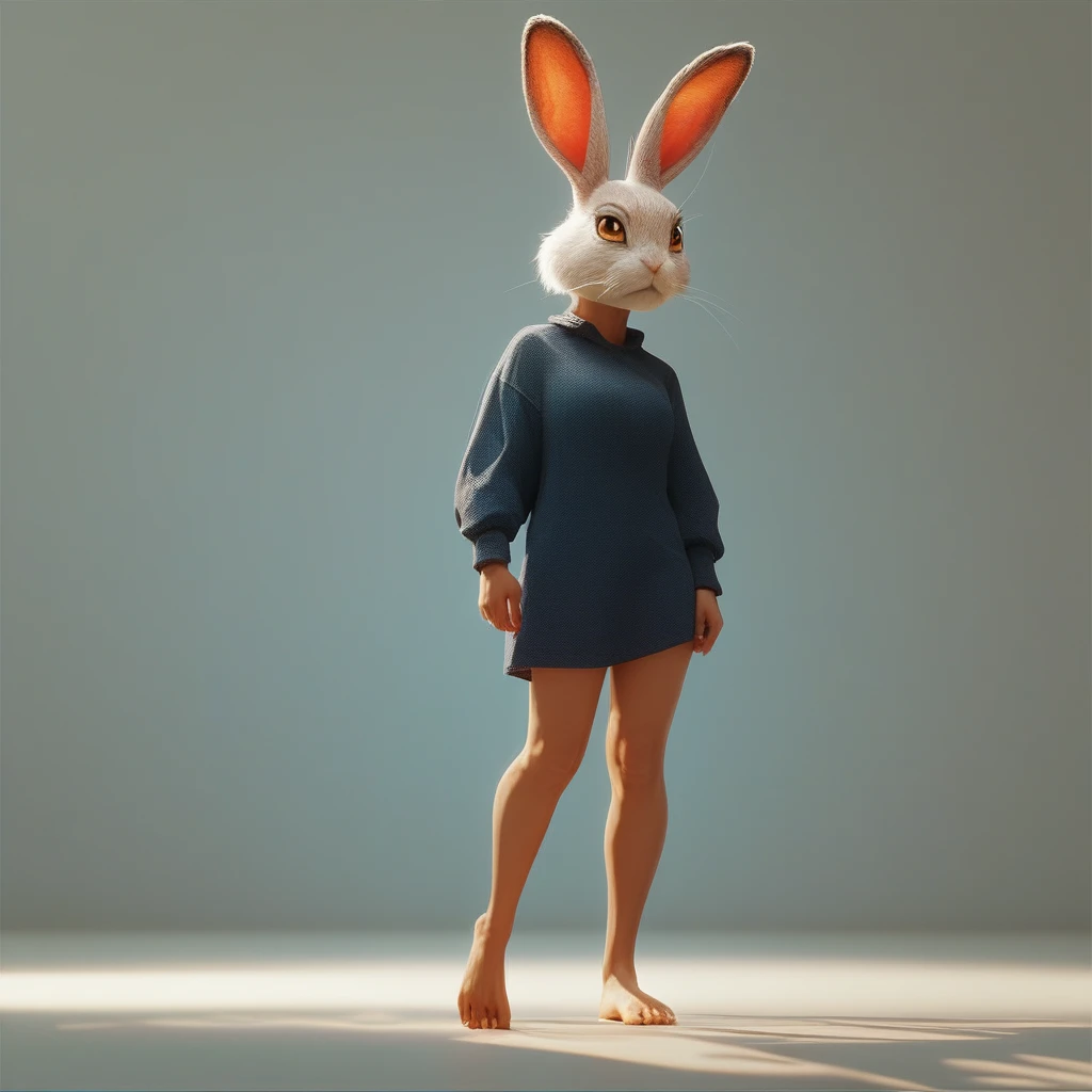 score_9, score_8_up, nsfw, score_7_up, female human hybrid rabbit cartoon no clothes full body showing her feet standing  from behind doing a high kick