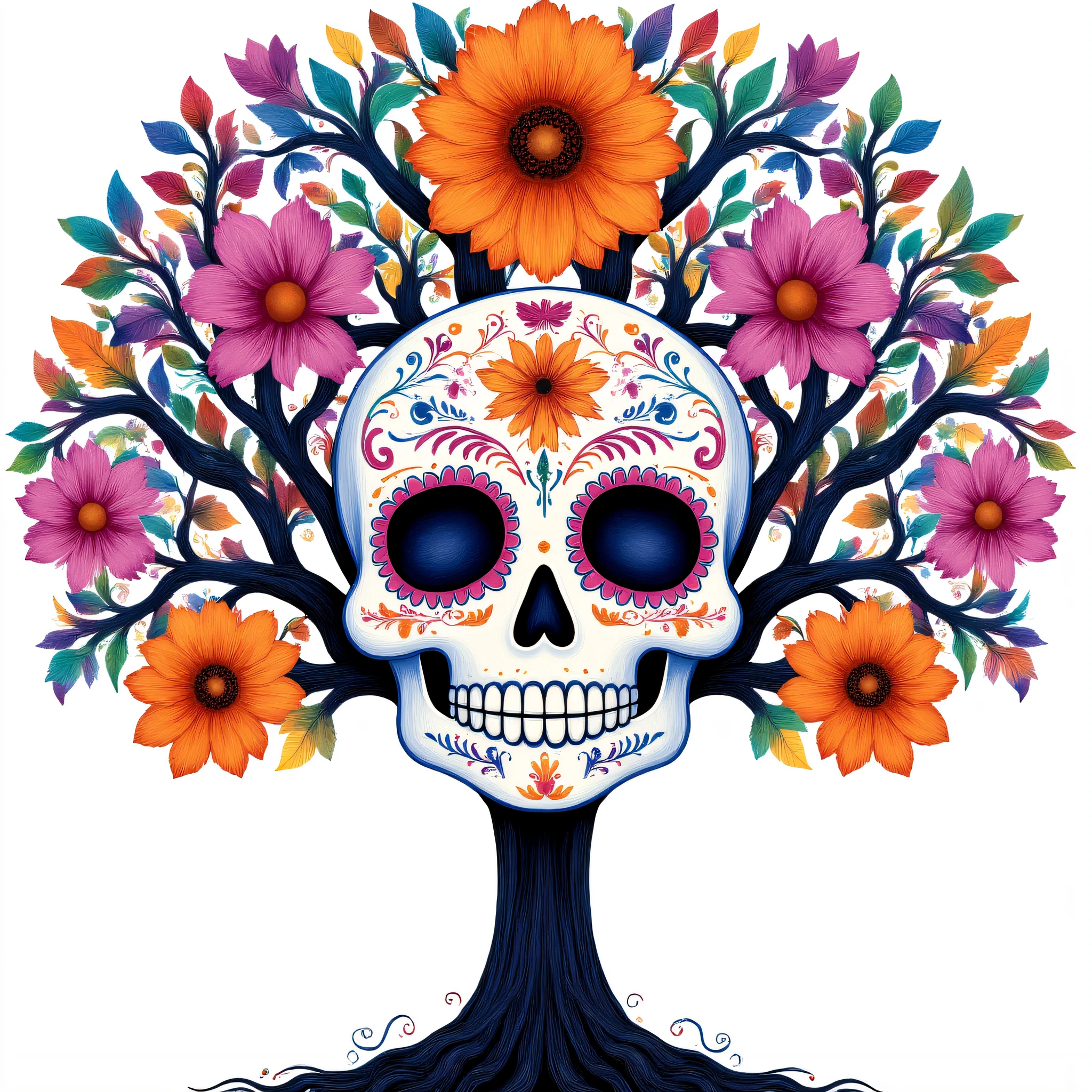 ArsMJStyle, Vibrant Calavera, The image is a colorful illustration of a sugar skull with a tree-like design. The skull is in the center of the image and is surrounded by a variety of colorful flowers and leaves in shades of orange pink blue and purple. The tree has a black trunk and branches that are intertwined with the skull. The flowers are arranged in a symmetrical pattern around the skull creating a sense of balance and harmony. The background is white making the colors of the tree and skull stand out. The overall style of the illustration is reminiscent of the Day of the Dead or Mexican holiday., flower, white background, no humans, traditional media, simple background, orange flower, tree, leaf, painting (medium), pink flower