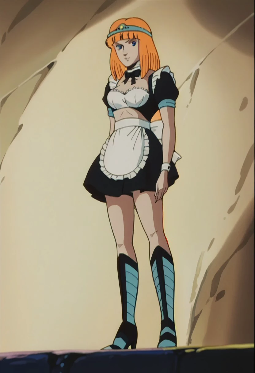 score_9, score_8_up, score_7_up, source_anime, shmnmzg3r, blue eyes, horizontal pupils, maid outfit, high heel boots, knee boots, circlet, retro artstyle, 1980s (style), anime screencap