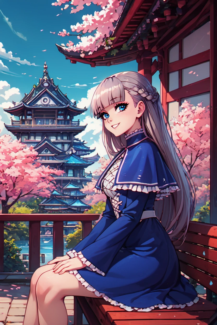 score_9, score_8_up, score_8, medium breasts, (curvy), cute, eyelashes,       BREAK, , zzLawine, long hair, braid, blue eyes, blunt bangs, grey hair, french braid, blue capelet, blue dress, long sleeves, frilled capelet,  <lora:LawineFrieren_PDXL_v1:0.8>, , BREAK, sitting on bench, side view, smile, looking at viewer, cowboy shot,  ,,, BREAK, pnkBldng, sky, day, cloud, tree, blue sky, building, architecture, east asian architecture,  ,,, BREAK, embedding:zPDXL, Expressiveh,  ,,, <lora:PinkBuildingsPDXL_v2:0.6>, <lora:SDXLFaeTastic2400:0.5>, <lora:Expressive_H-000001:0.4>