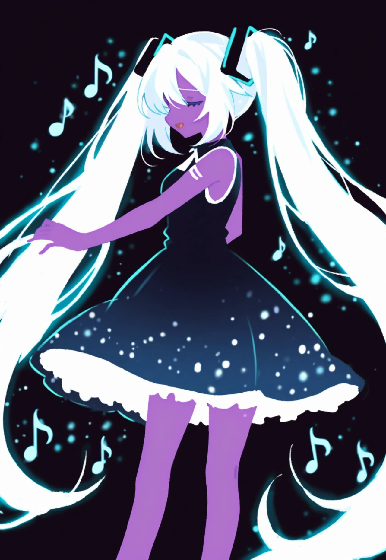 ai-generated encore (meme), solo, 1girl, bare shoulders, standing, white hair, twintails, sleeveless, hatsune miku, dress, very long hair