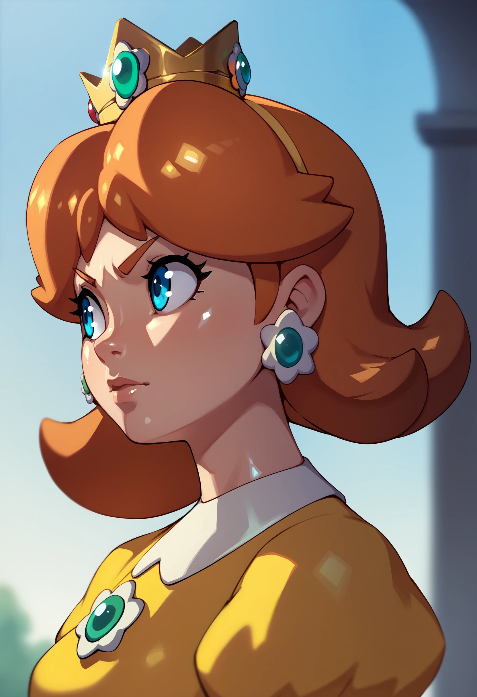 score_9, score_7_up, <lora:combos-n-doodles-guy-PONY-DORAv1:1>, 1girl, solo, dress, portrait, looking to the side, depth of field, shiny skin, princess daisy