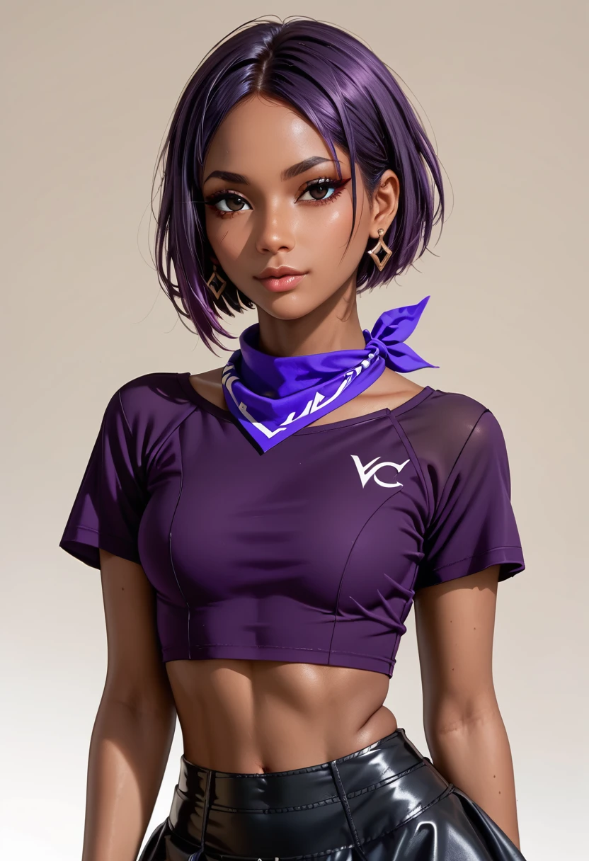 score_9, score_8_up, score_7_up, Expressiveh, 1girl, vc4chiara, purple hair, short hair, dark-skinned female, black eyes, crop_shirt, handkerchief_skirt,